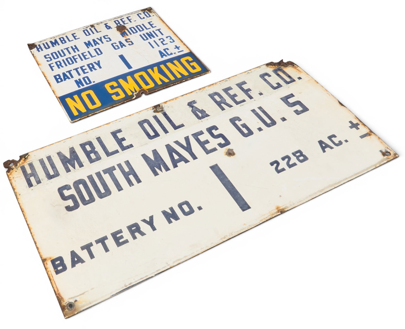 (2) Vintage Humble Oil & Refining Co. Porcelain Signs: Set of two vintage Humble Oil & Refining Co. (Humble, Texas) porcelain signs height 12 in. x width 24 in. Provenance: Property from a home in Azle, Texas