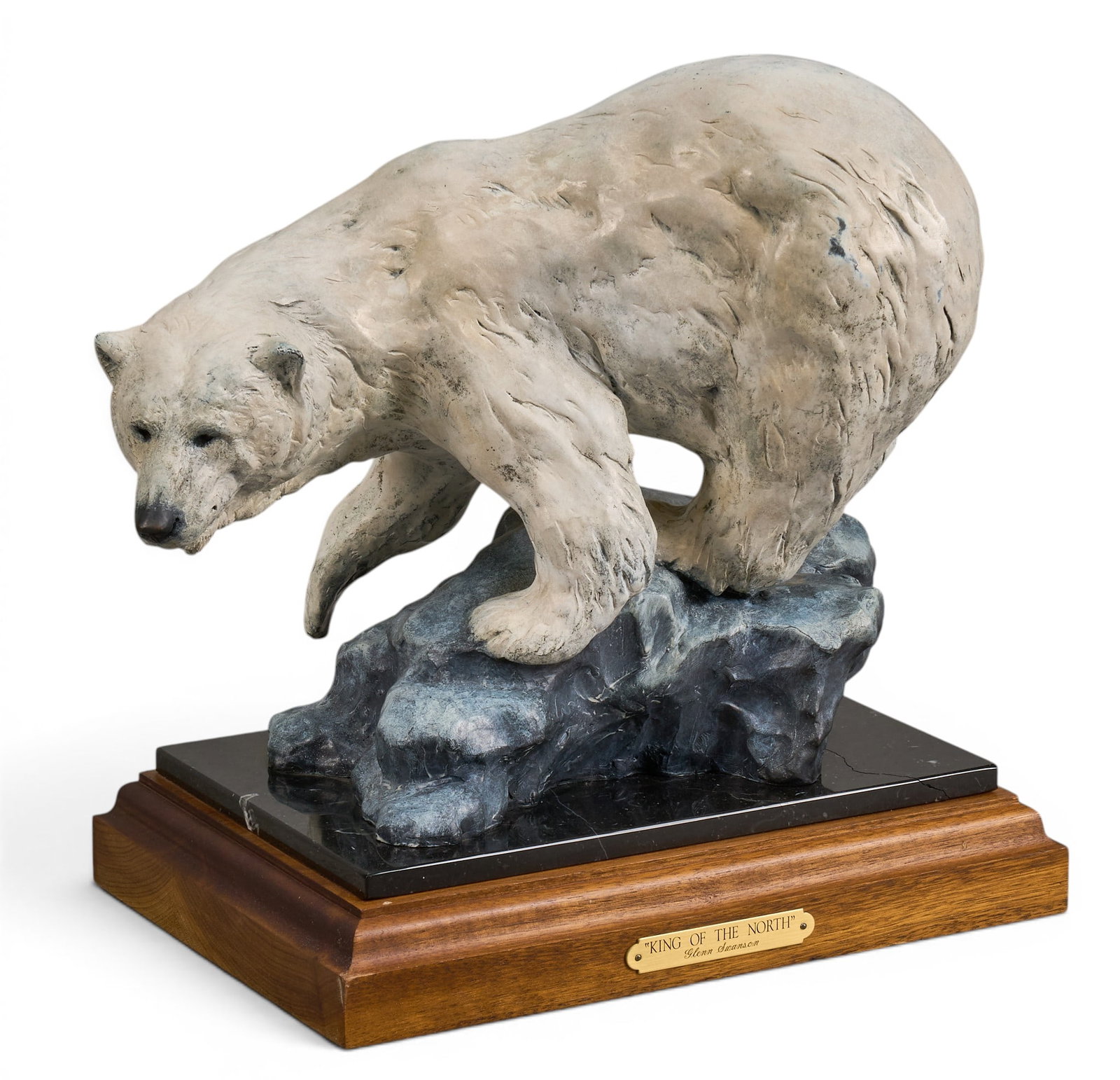 Glenn Swanson, "King of the North": Glenn Swanson (Amer., b. 1951), "King of the North", artist-cast bronze sculpture on stone and wooden base, incised signature and edition number 2/45 height 12.5 in. x width 13 in. x
