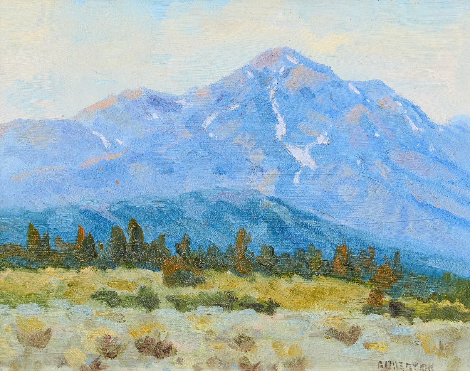 Byron Fullerton, "Tetons at Jackson, Wyo.": Byron Fullerton (Texas, 1929-2011), "Tetons at Jackson, Wyo.", oil on panel, signed lower right, titled on the verso sight: 8 x 10 in., frame: 12 x 14 in. Provenance: Property from an