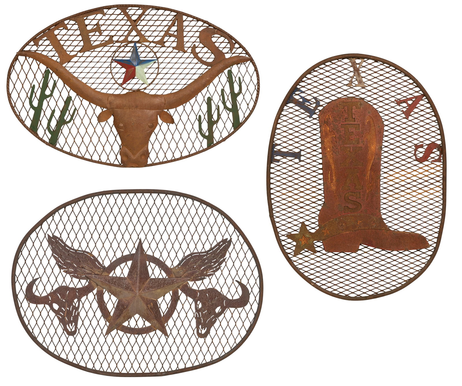 (3) Texas Folk Art Display: Three rustic metal Texas folk art wall hangings height 44 in. x with 32 in. x depth 1 in. / largest Provenance: Property from a home in San Antonio, Texas 