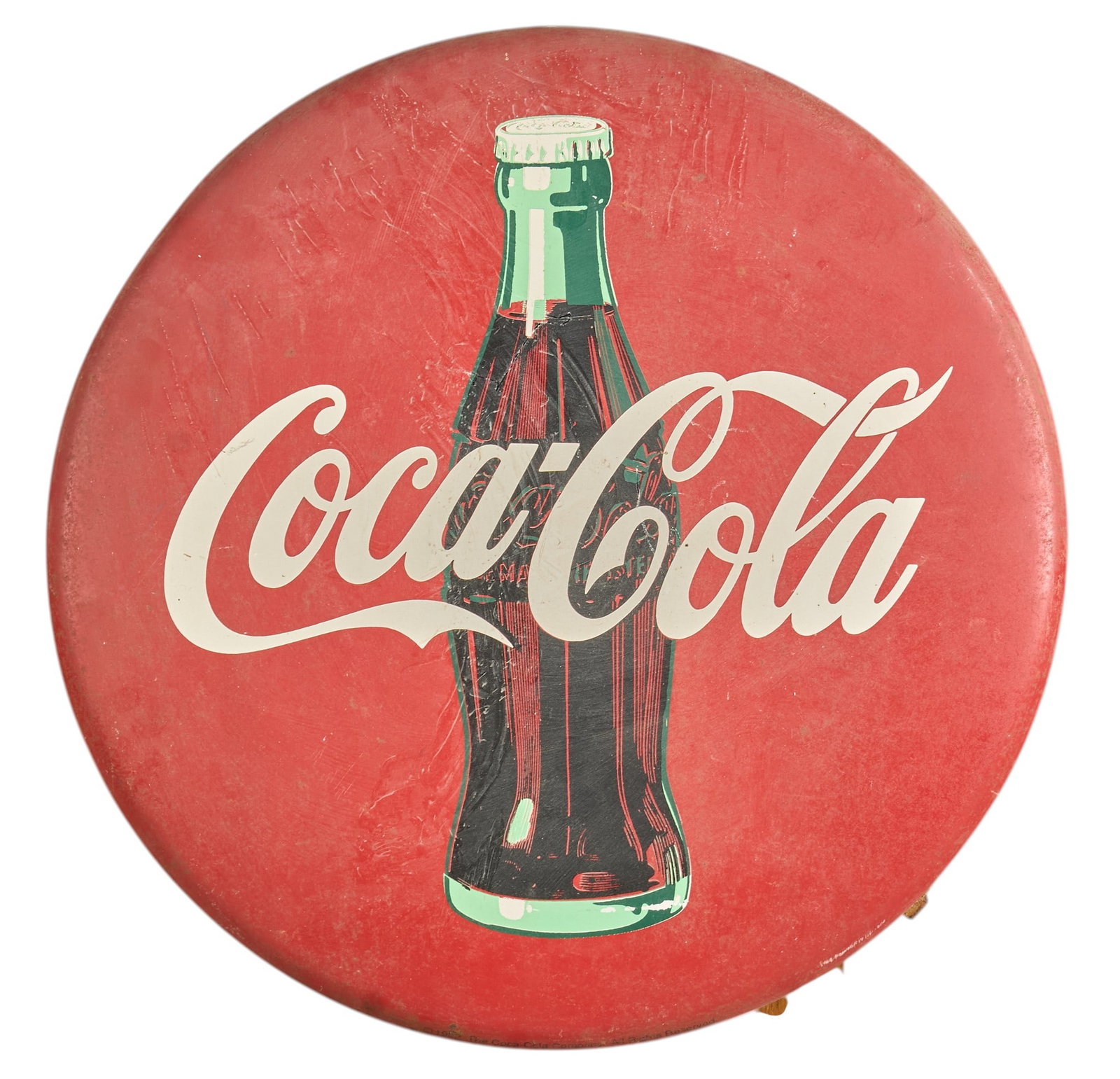 Reproduction Coca-Cola Button Sign: Reproduction Coca-Cola painted metal button sign diameter 20.5 in. x depth 1 in. Provenance: Property from a New Braunfels, Texas collector of vintage signage 
