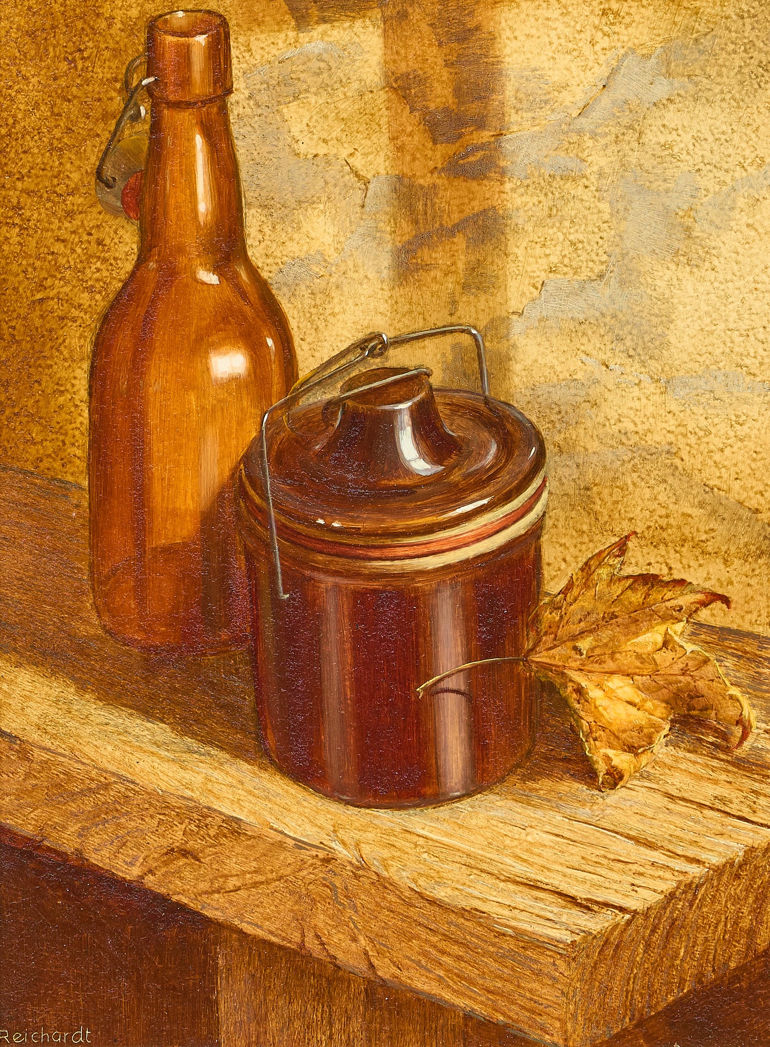 Rudi Reichardt, "Beer Bottle and Cheese Container": Rudi W. Reichardt (Germany / Canada / Arizona, b. 1929), "Beer Bottle and Cheese Container", oil on masonite, signed lower left sight: 12 x 9 in., frame: 18 x 15 in. Provenance: