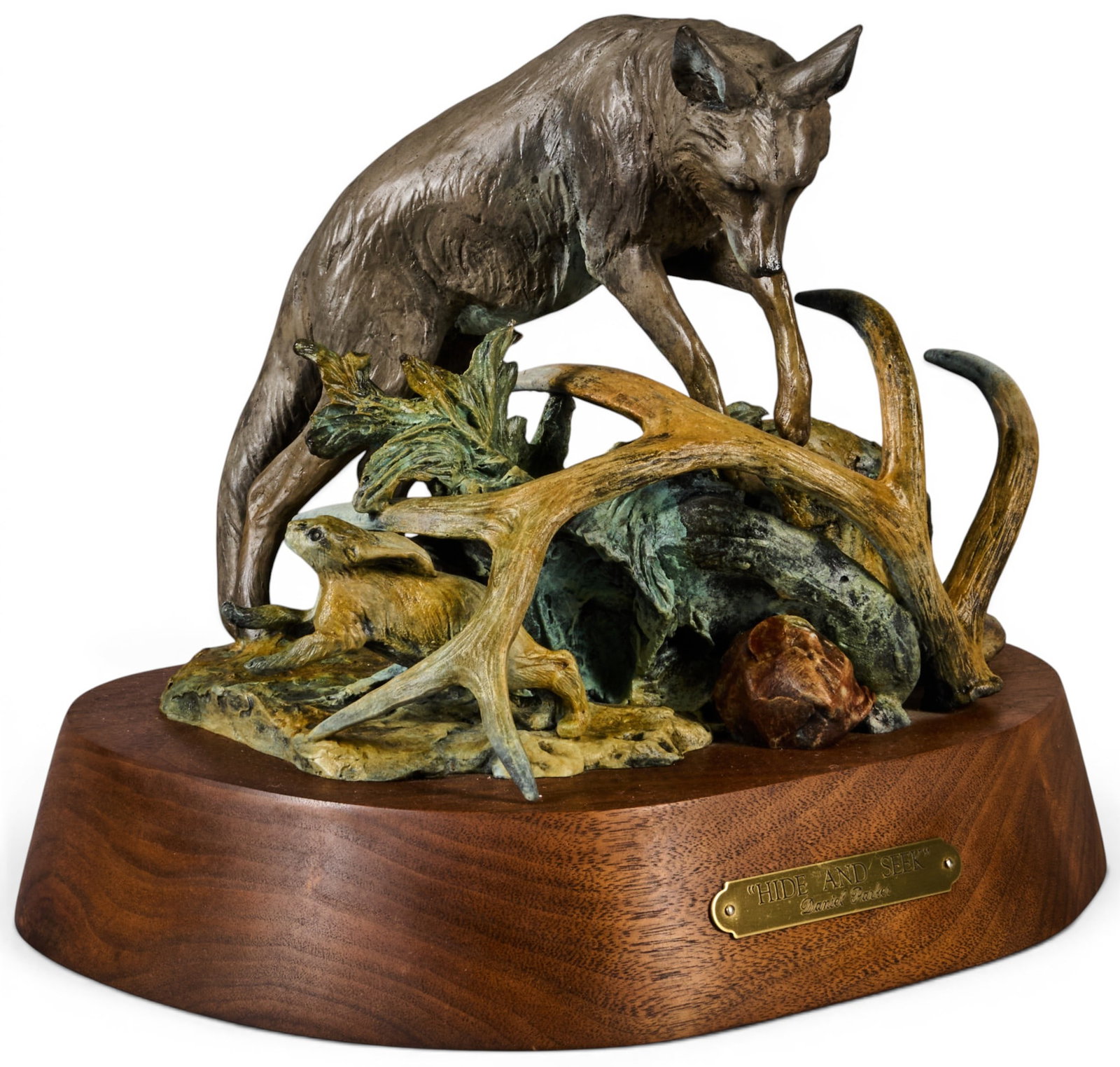 Daniel Parker, "Hide and Seek": Daniel Ray Parker (Amer., b. 1959), "Hide and Seek", artist-cast bronze sculpture on wooden base, incised signature, title, and edition number 10/47 height 8.5 in. x width 10 in. x