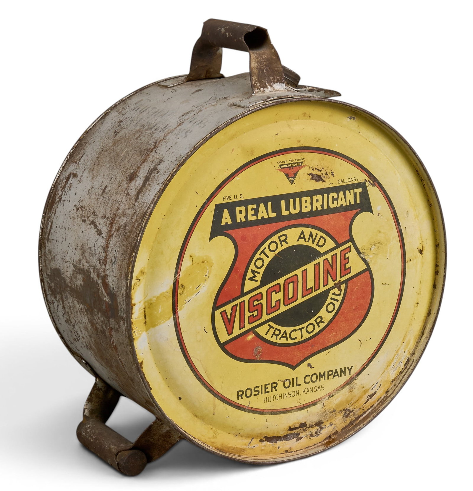 Viscoline Motor and Tractor 5-Gallon Rocker Oil Can: Vintage Viscoline Motor and Tractor Oil rocker can, five gallons, manufactured by Rosier Oil Company (Hutchinson, Kansas) height 16.5 in. x width 14.25 in. x depth 8.5 in. Provenance: Property from a