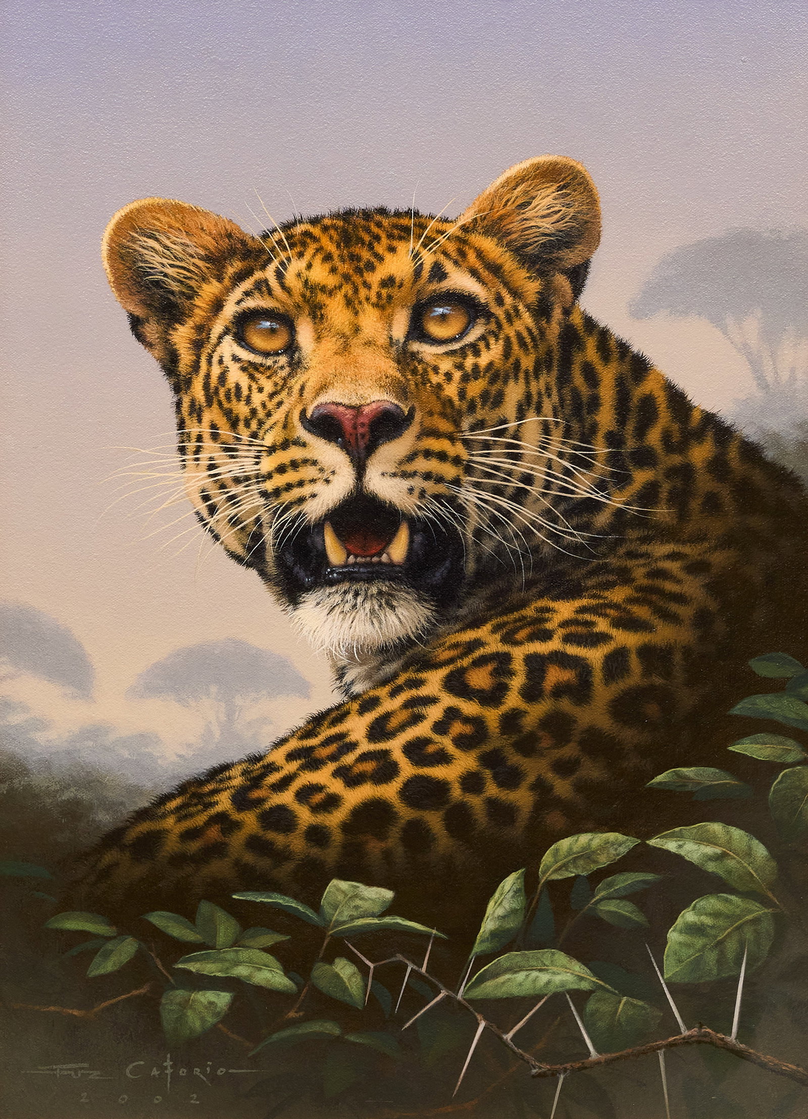 Fuz Caforio, "Leopard Prince": Fuz Caforio (South Africa, b. 20th C.), "Leopard Prince", acrylic on canvas, signed and dated lower left, 2002 sight: 22 x 15 in., frame: 33 x 27 in. Provenance: Property from the Estate of