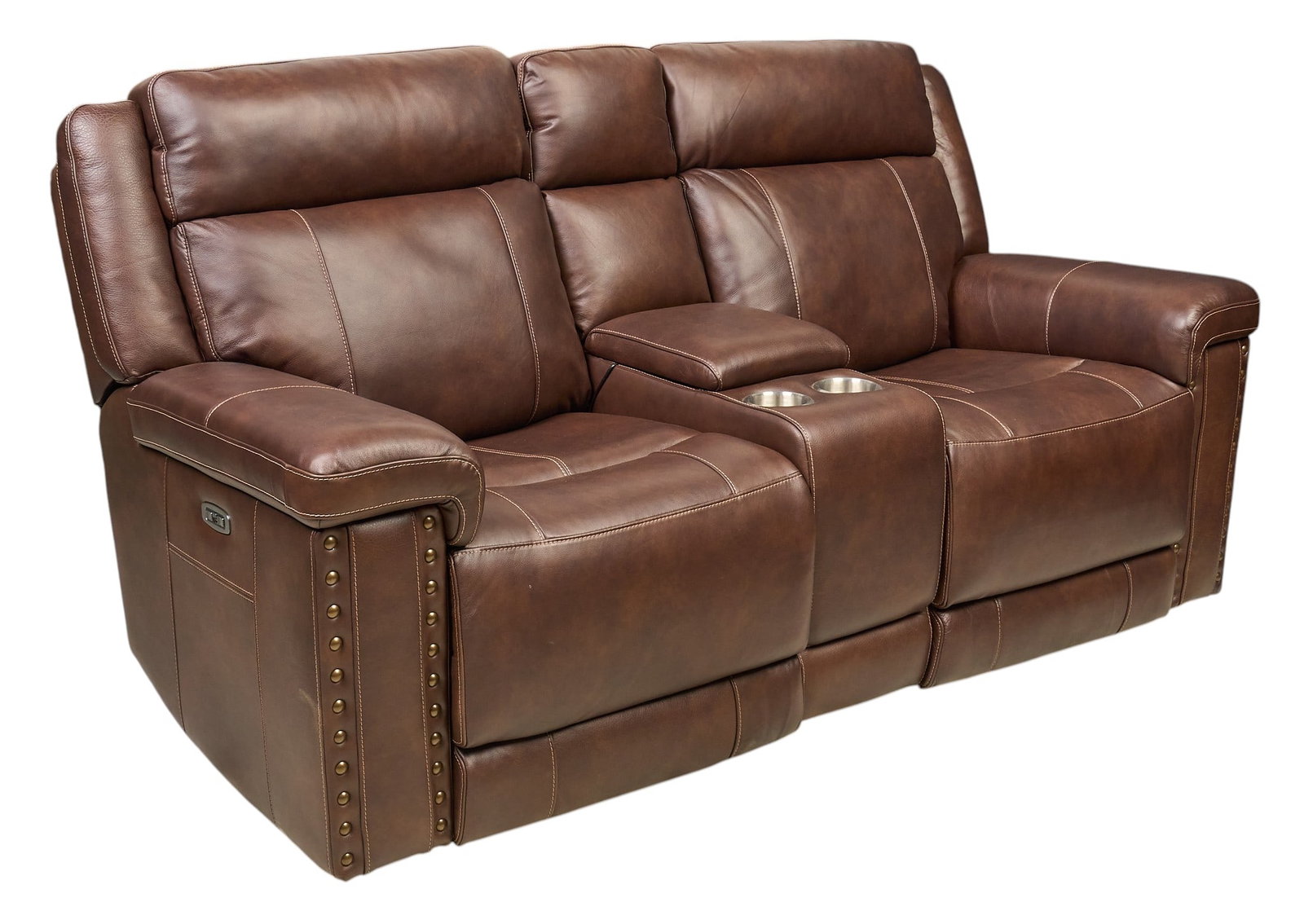 Reclining Loveseat: Reclining leather loveseat with cupholders height 41 in. x width 80 in. x depth 40 in. Provenance: Property from the Estate of Robert A. "Bob" Funk Sr. - trailblazing American