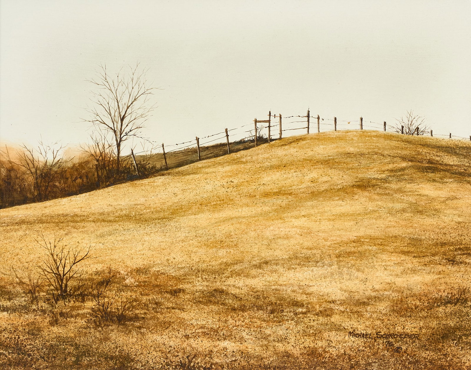 Michael Schroeder, Fenceline Landscape: Michael Schroeder (New Braunfels, Texas, b. 20th C.), fenceline landscape, oil on panel, signed and dated lower right, 1976, with artist's business card affixed to the verso sight: 8 x 10 in.,