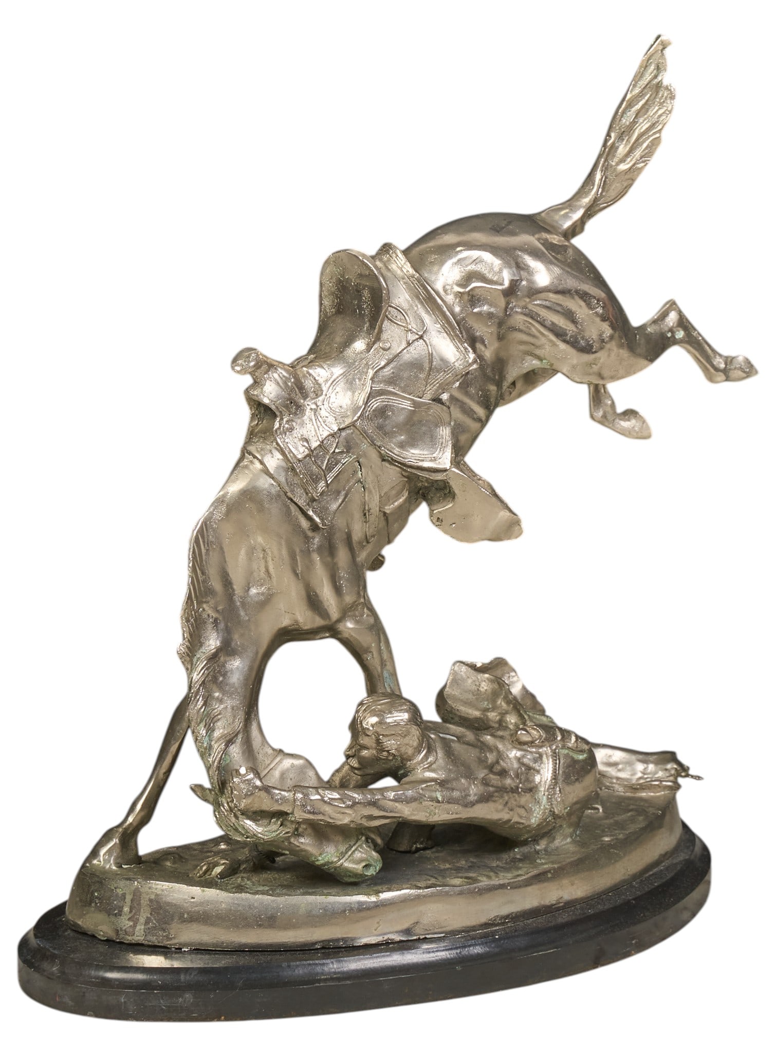 After Frederic Remington, "Wicked Pony": After Frederic Remington (Amer., 1861-1909), "Wicked Pony", recast sculpture, silver nickel finish, atop stone base height 21 in. x width 20 in. x depth 10 in. (including base) Provenance: