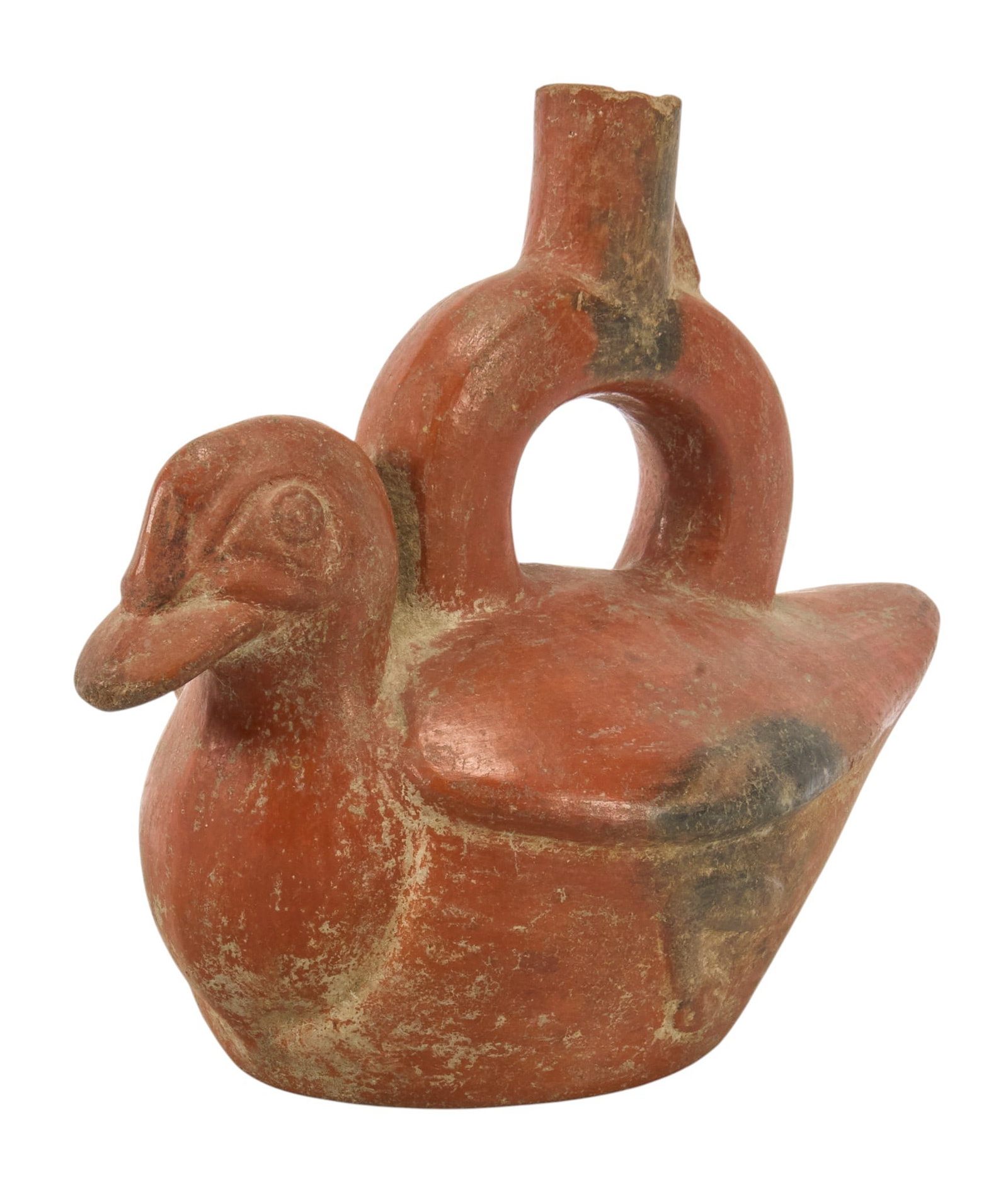 Pre-Columbian Moche Pottery Duck Stirrup Vessel: Pre-Columbian Moche pottery vessel with duck design, and handle height 6.5 in. x width 7 in. x depth 4.5 in. Provenance: Property from a Houston, Texas collector, originally from a Swiss