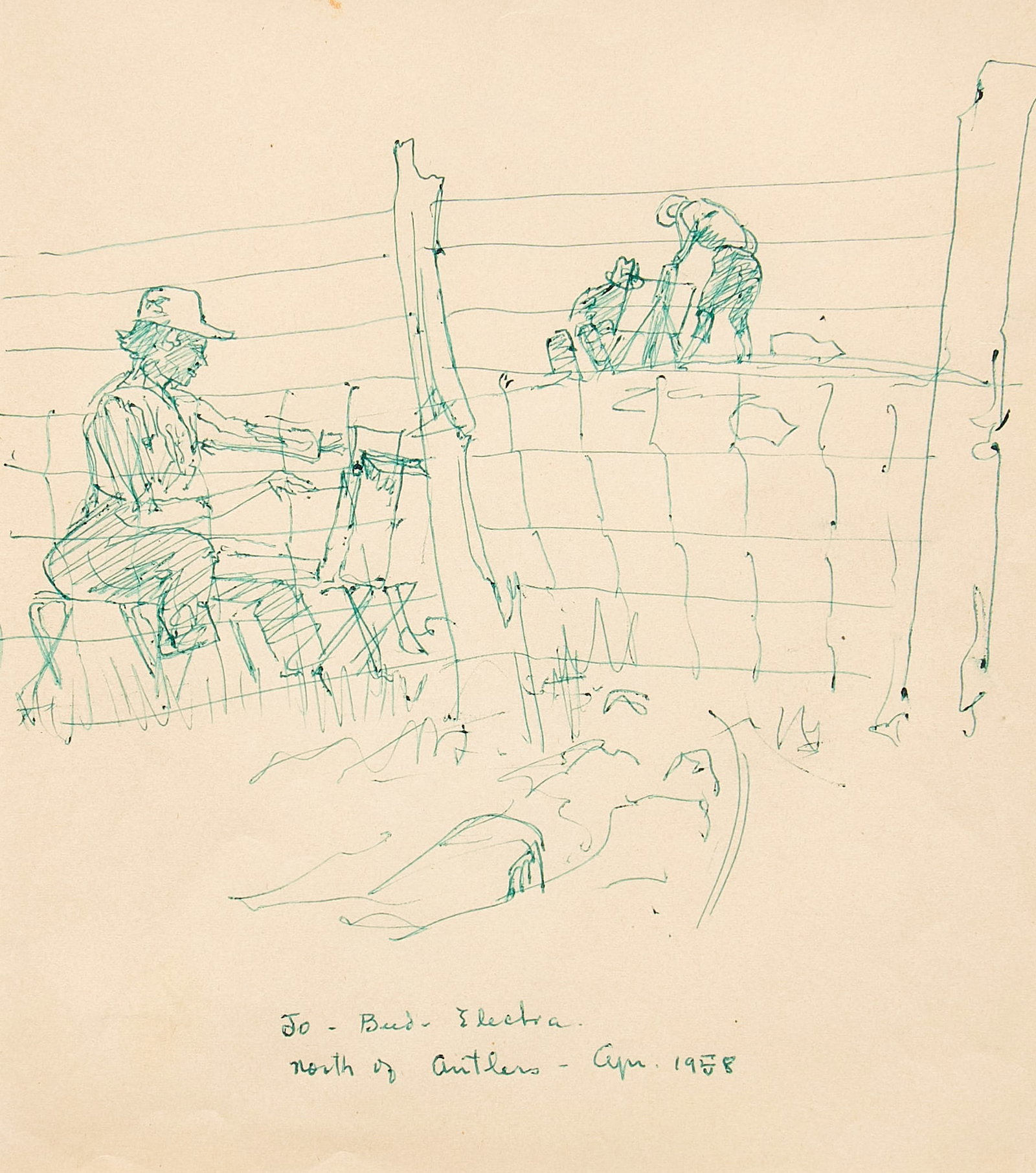 Olin Travis, Portraits of Josephine, 1958: Olin Herman Travis (Texas, 1888-1975), field sketch and drawing of the artist's wife revealed on the verso through peekaboo framing technique, both sketches are ink on paper; front-facing sketch