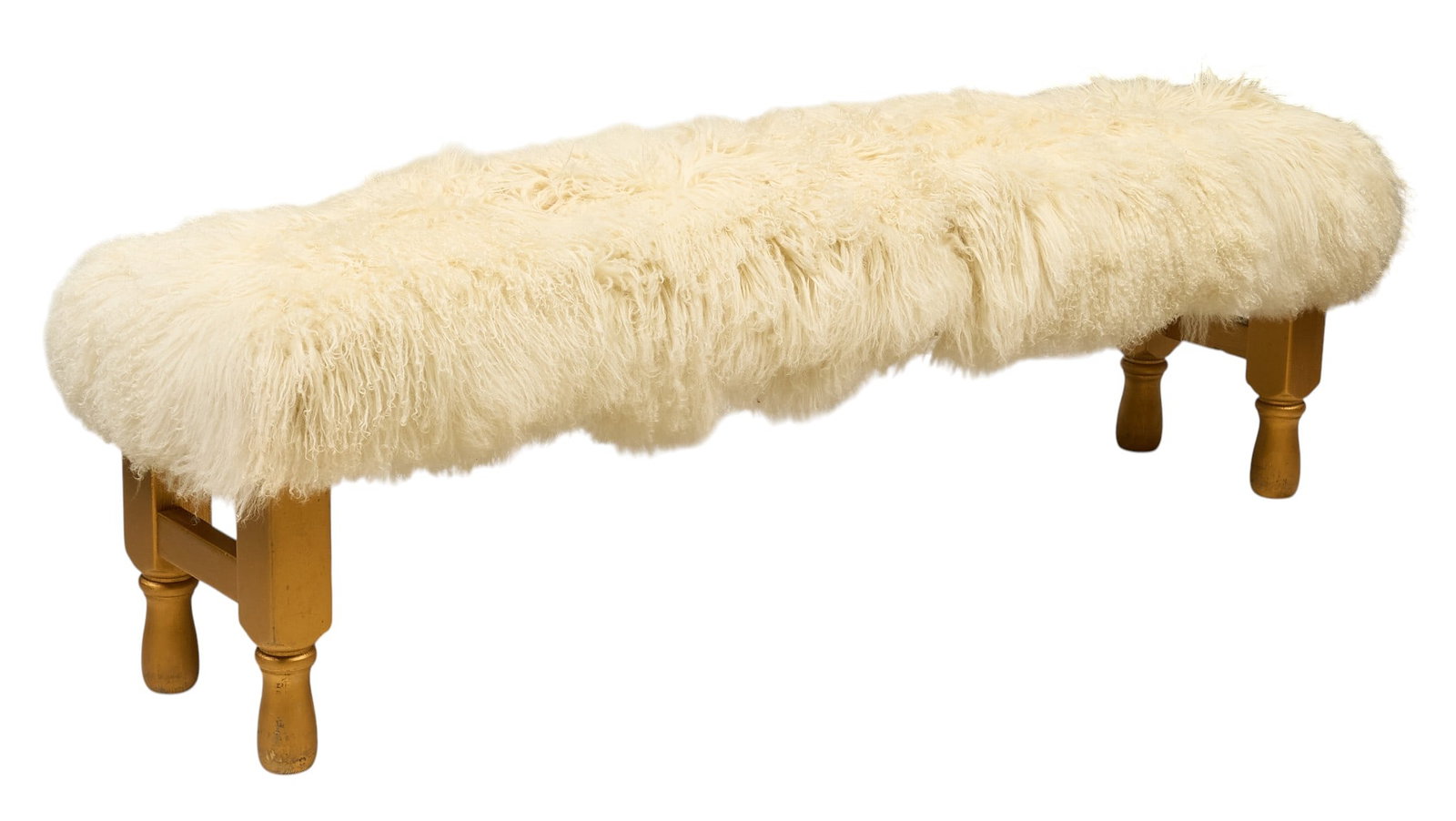 Sheepskin Covered Bench: Bench upholstered with sheepskin hide, supported by a wooden frame with four turned legs height 22 in. x width 76 in. x depth 21 in. Provenance: Property from the Estate of Robert A.