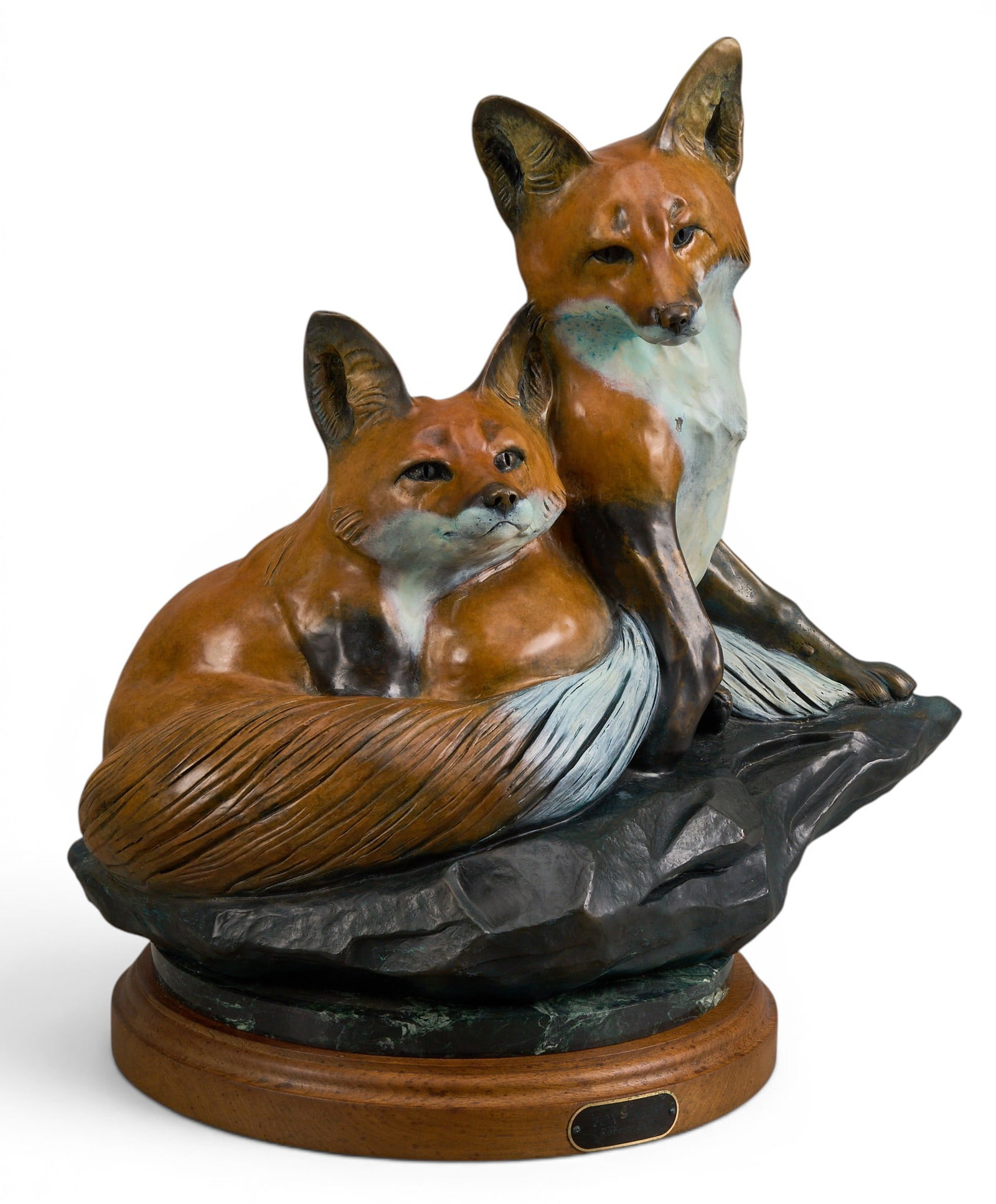 Robert Ball, "Fox Tales": Robert Ball (Amer., b. 20th C.), "Fox Tales", artist's proof bronze sculpture on stone and wooden base, incised signature and edition number AP 1/3 (standard edition is 27) height 22 in.