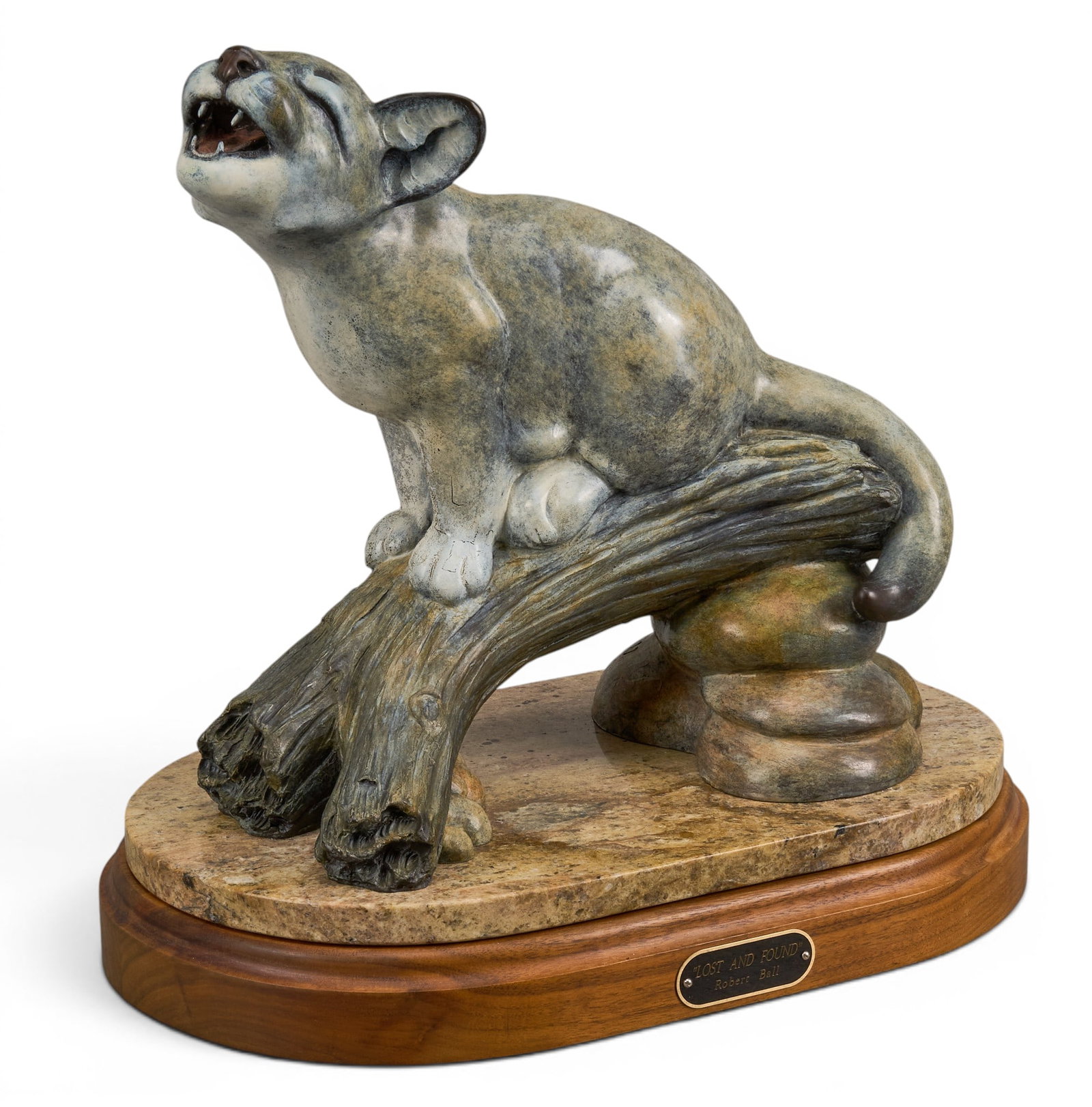 Robert Ball, "Lost and Found": Robert Ball (Amer., b. 20th C.), "Lost and Found", artist-cast bronze sculpture on stone and wooden base, incised signature and edition number 1/11 height 15.5 in. x width 15.5 in. x depth 1