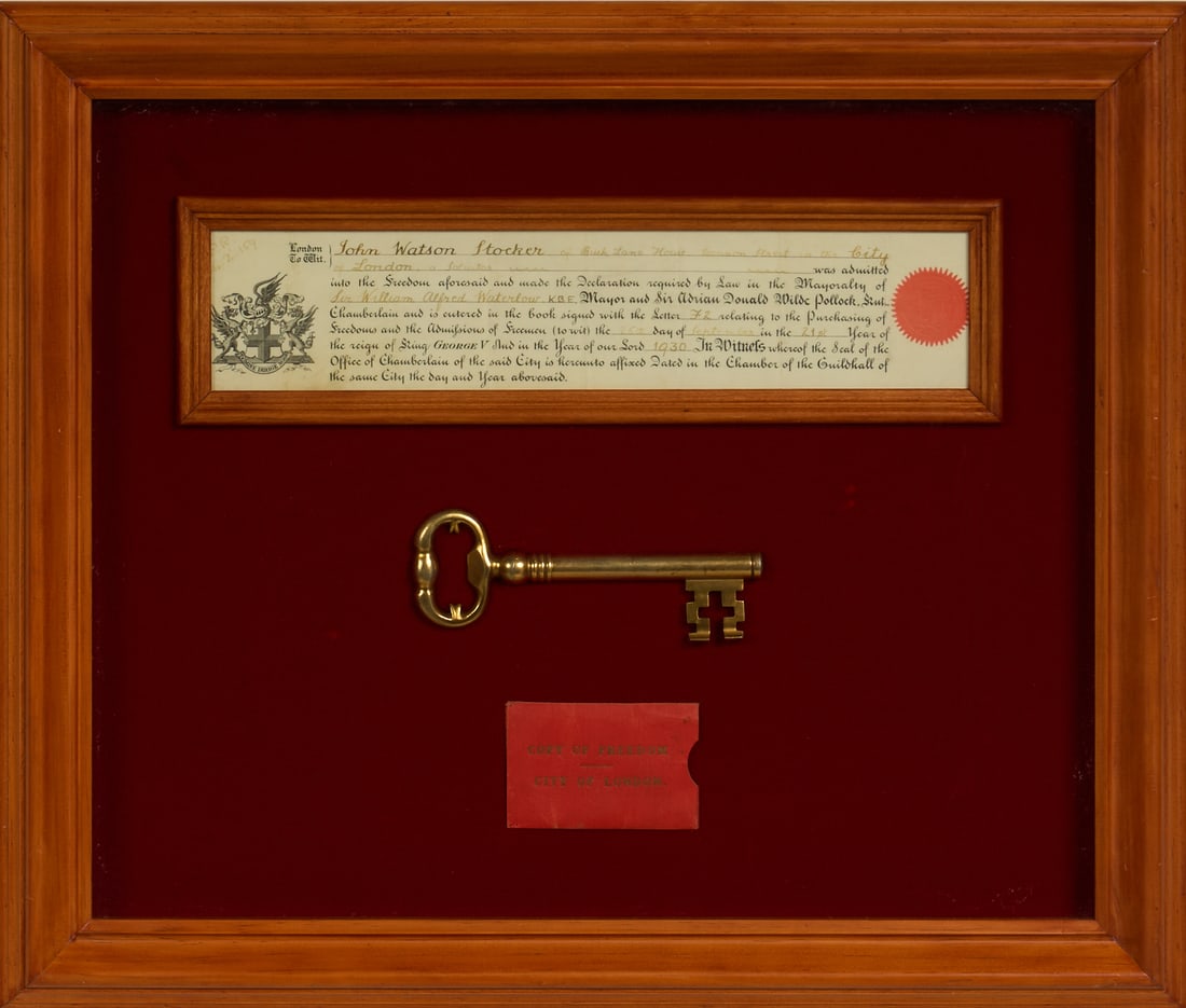 Framed Freedom of City of London Document and Key: Vintage document and key granting John Watson Stocker the Freedom of the City of London, with key, circa 1930 height 20 in. x width 24 in. x width 2.5 in. Provenance: Property form a home in San