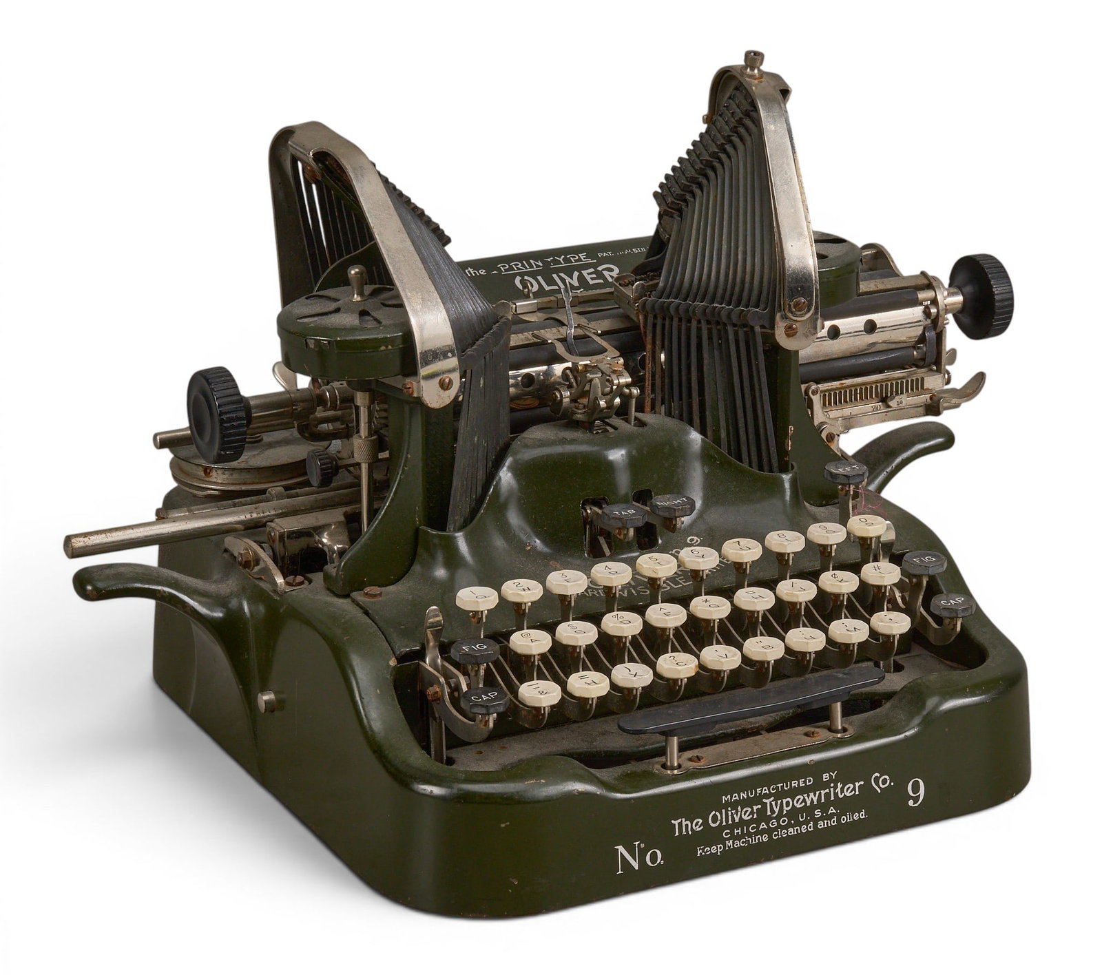 Antique Oliver No. 9 Typewriter: Antique Oliver No. 9 typewriter, circa 1916-1922 height 10.5 in. x width 16 in. x depth 14 in. Provenance: Property from a home in San Antonio, Texas