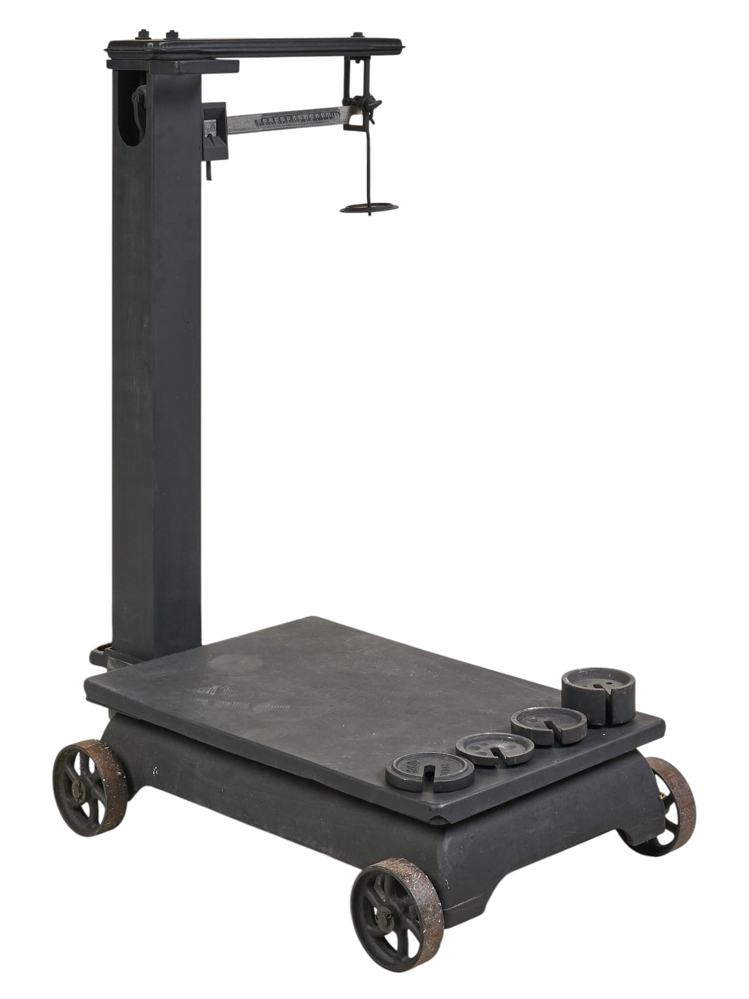 Industrial Iron Scale: Refinished industrial iron scale with weights, in working condition height 44 in. x width 37 in. x depth 31 in. Provenance: Property from a home in San Antonio, Texas 