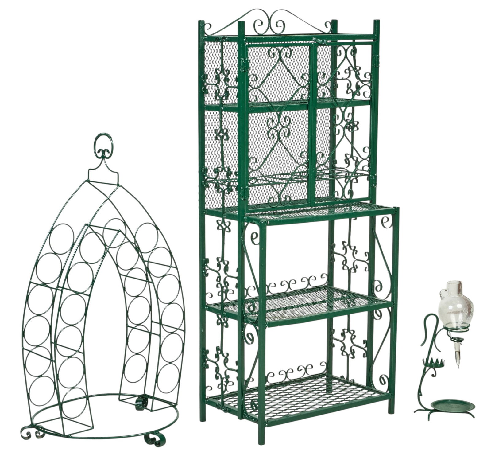 3-Piece Green Metal Garden Set: Three-piece green metal garden set with one arched wine rack, one multi-tiered baker's rack with cabinet doors, and one ornate decanter stand height 58 in. x width 24 in. x depth 10 in.