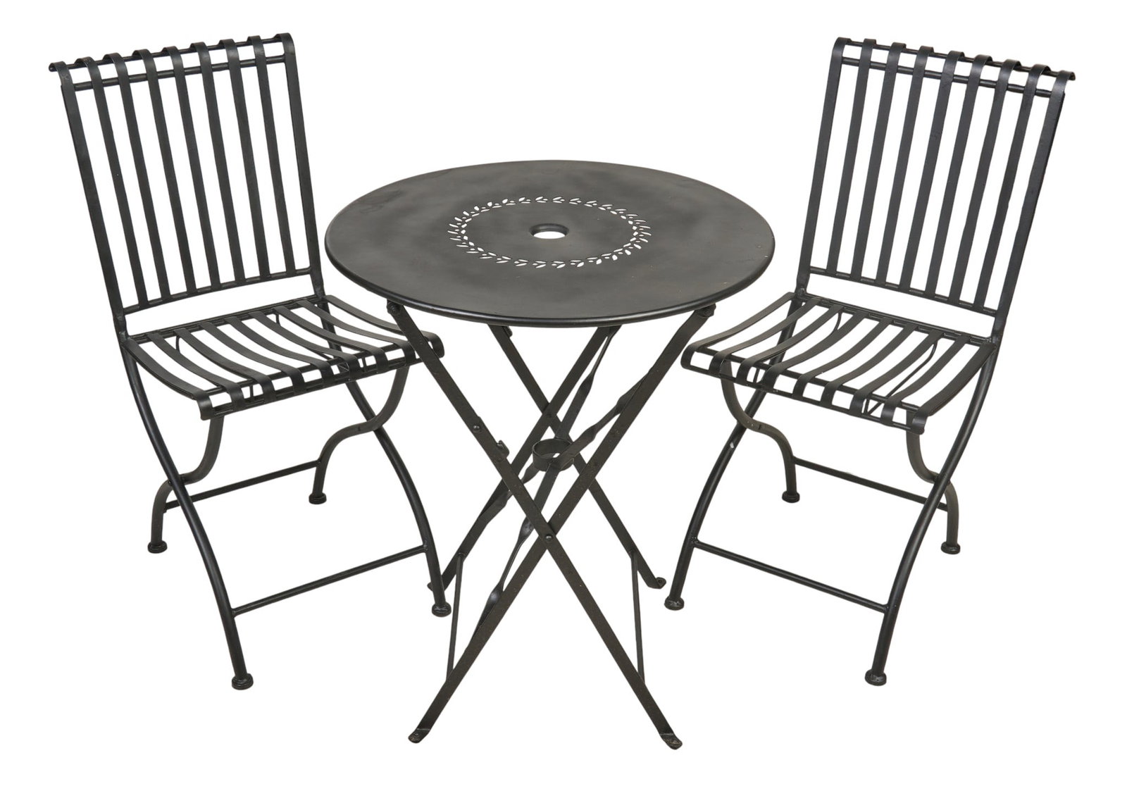 Iron Patio Set: Ebonized iron patio set with one table and pair of chairs height 29 in. x diameter 24 in. / table height 34 in. x width 15 in. x depth 22 in. / each chair Provenance: Property from a home in San Anton