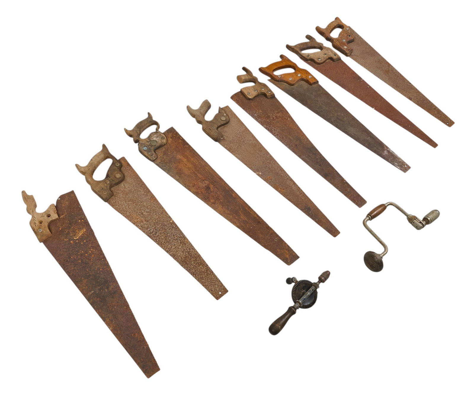 Collection of (10) Rustic Tools: Collection of ten rustic tools, includes eight rustic serrated hand saws, and two hand drills, and wolf sculpture height 30 in. x width 7 in. x depth 1 in. / longest saw Provenance: Property from a ho
