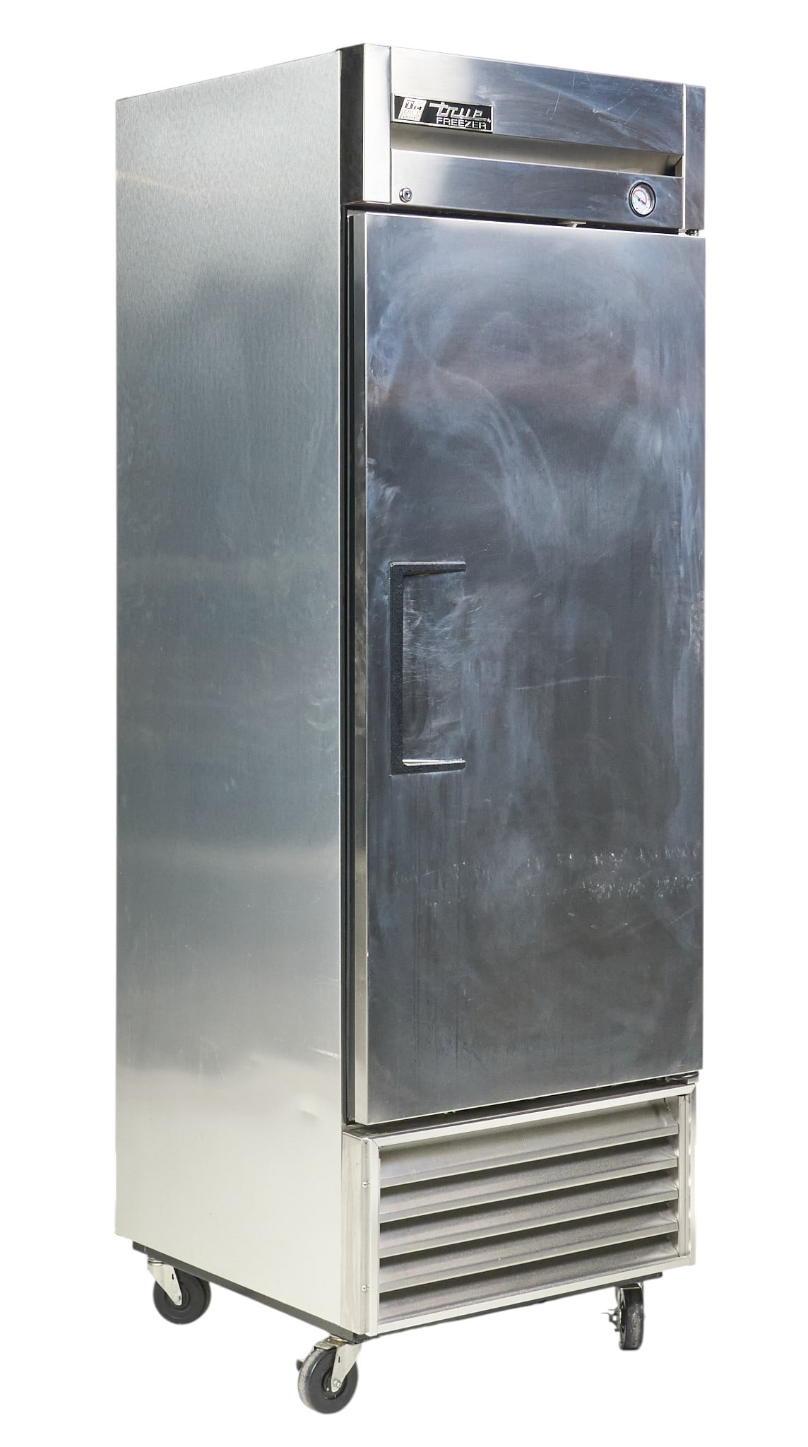 True Manufacturing Co. Stainless Steel Freezer: True Manufacturing Co. commercial freezer with stainless steel construction and glass door, mounted on casters for mobility, 27 cubic feet capacity, includes thermometer, in working conditio