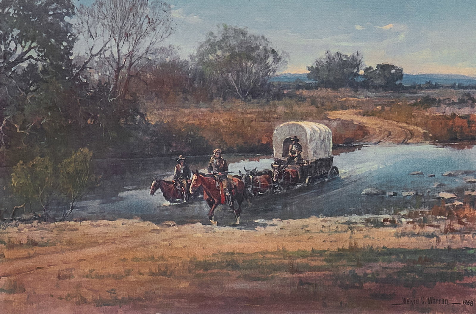 Melvin Warren, "Crossin' the Brazos, West Texas": Melvin Charles Warren (Texas / California, 1920-1995), "Crossin' the Brazos, West Texas", limited edition lithograph, signed and numbered in the margins, ed. 34/75, dated 5-15-70 im