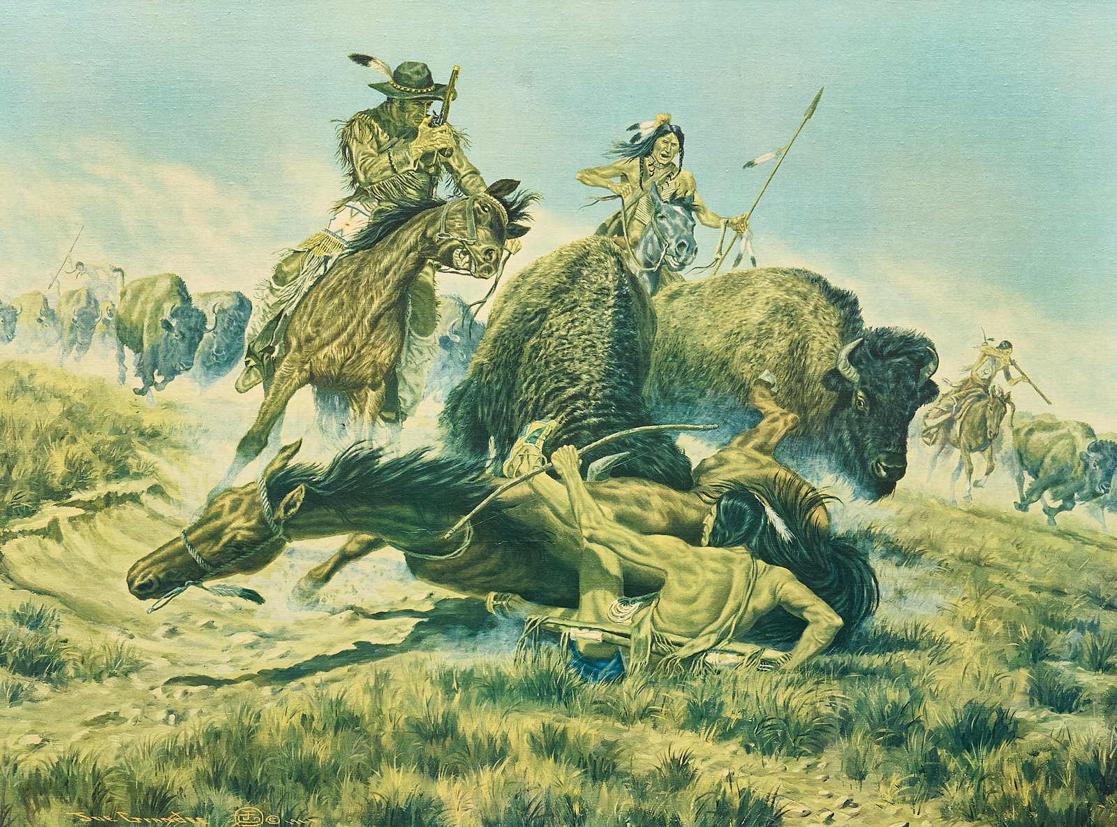 Joe Grandee, "His Last Hunt": Joe Ruiz Grandee (American, 1929-2021), "His Last Hunt", giclee print on canvas, printed signature and date at lower left, 1966 sight: 27 x 36 in., frame: 33 x 42 in. Provenance: