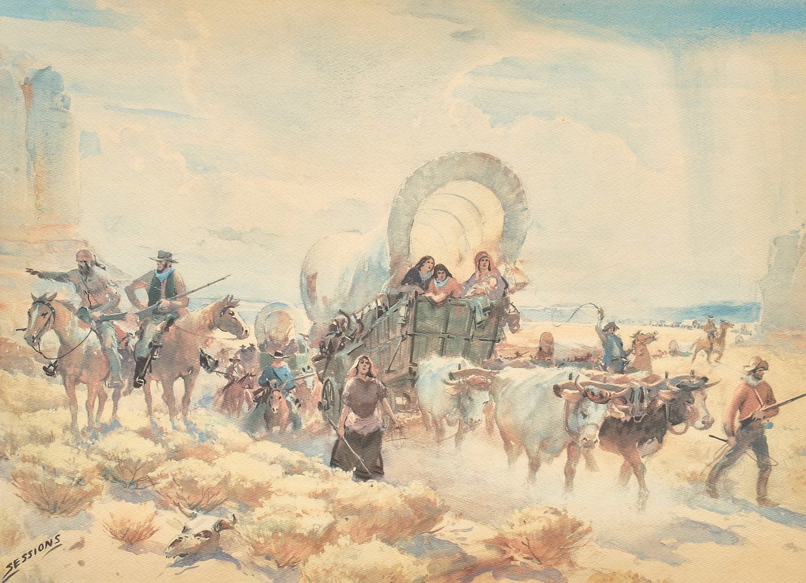 James Sessions, Vintage Print: James Sessions (Amer., 1882-1962), settlers and chuck wagon scene, vintage Western lithograph, signed lower left in the stone sight: 18 x 24 in., frame: 24 x 30 in. Provenance: Property from a Fort