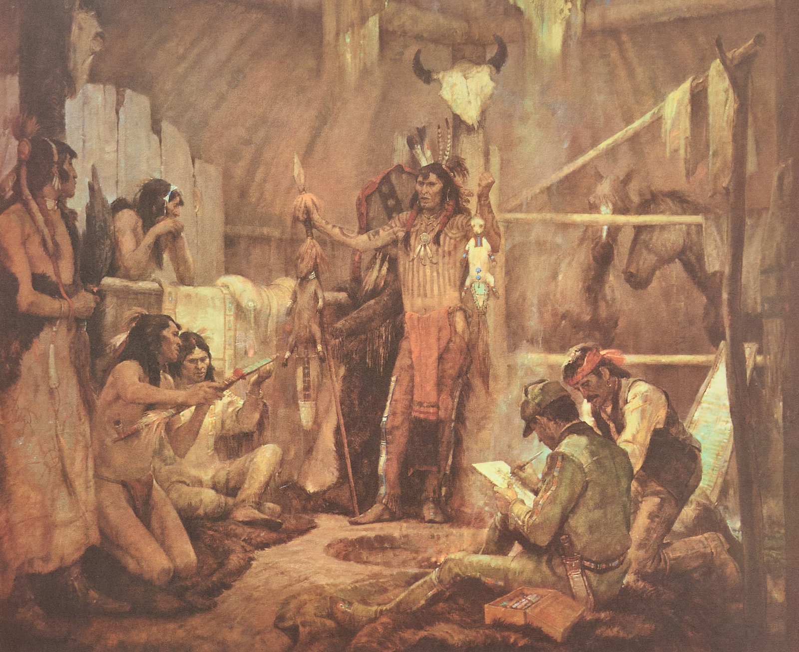 Kenneth Riley, "Tales of the Medicine Bag": Kenneth Pauling Riley (Amer., 1919-2015), "Tales of the Medicine Bag", limited edition lithograph, signed and numbered in margin, ed. 185/350 sight: 18 x 22 in., frame: 24.5 x 30.5 in. 