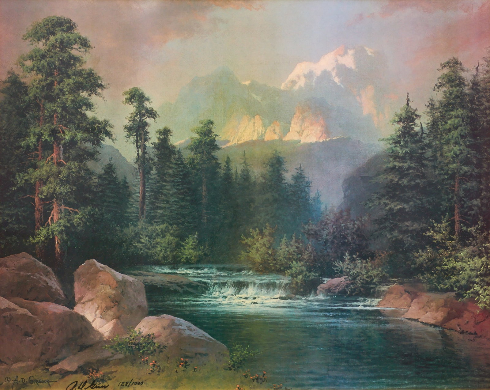 A. D. Greer, "First Light in the Rockies" Print: Aubrey Dale Greer (Oklahoma / Texas, 1904-1998), "First Light in the Rockies", signed and numbered lithograph, ed. 128/1000, includes certificate of authenticity sight: 19 x 24 in., frame: 3