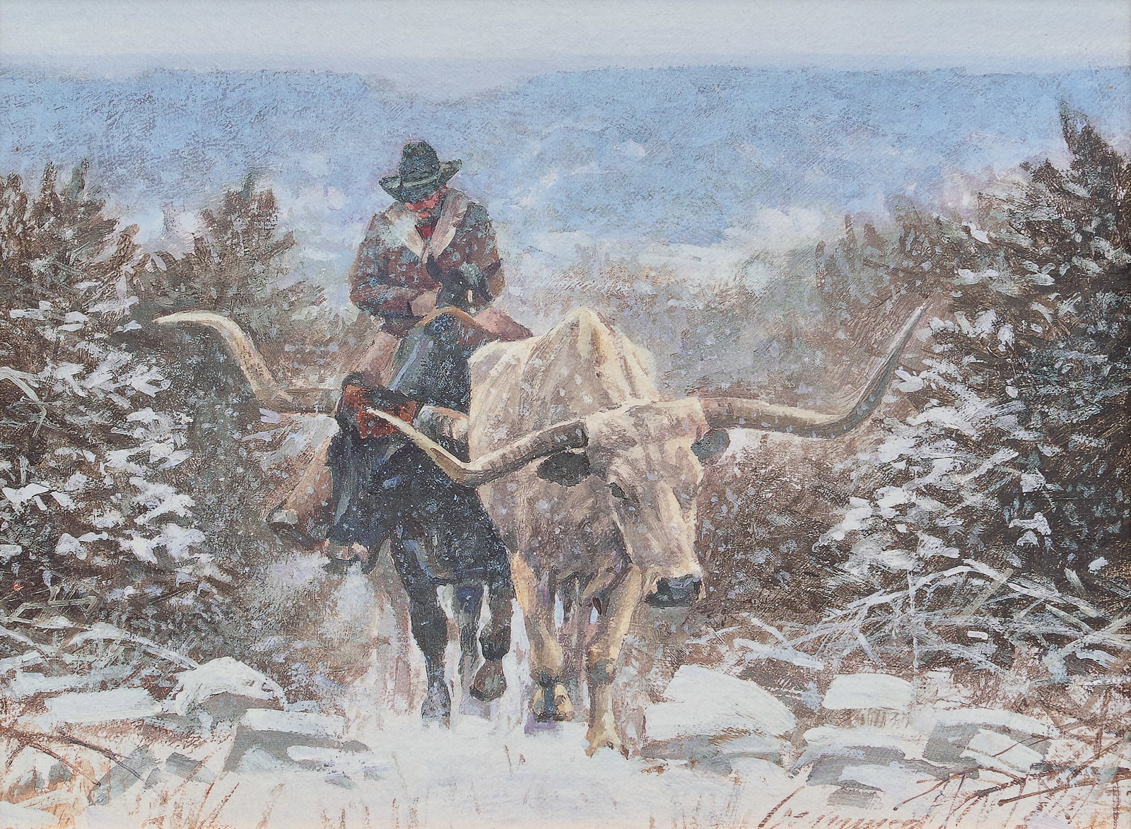 Ragan Gennusa, "Climbing Through the Cold": Ragan Gennusa (Texas, b. 1944), "Climbing Through the Cold", giclee print on canvas, printed signature lower right sight: 9 x 12 in., frame: 15.5 x 18.5 in. Provenance: Property from a 