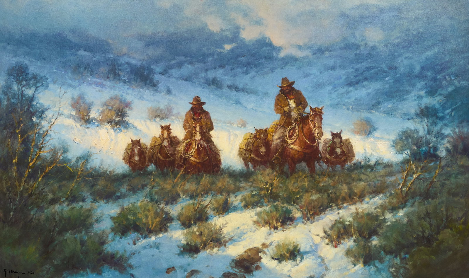 G. Harvey, "Crossing the Breaks": G. Harvey (Gerald Harvey Jones, Texas, 1933-2017), "Crossing the Breaks", limited edition giclee print on canvas, signed and numbered lower left, ed. 108/250 sight: 30 x 50 in., frame: 
