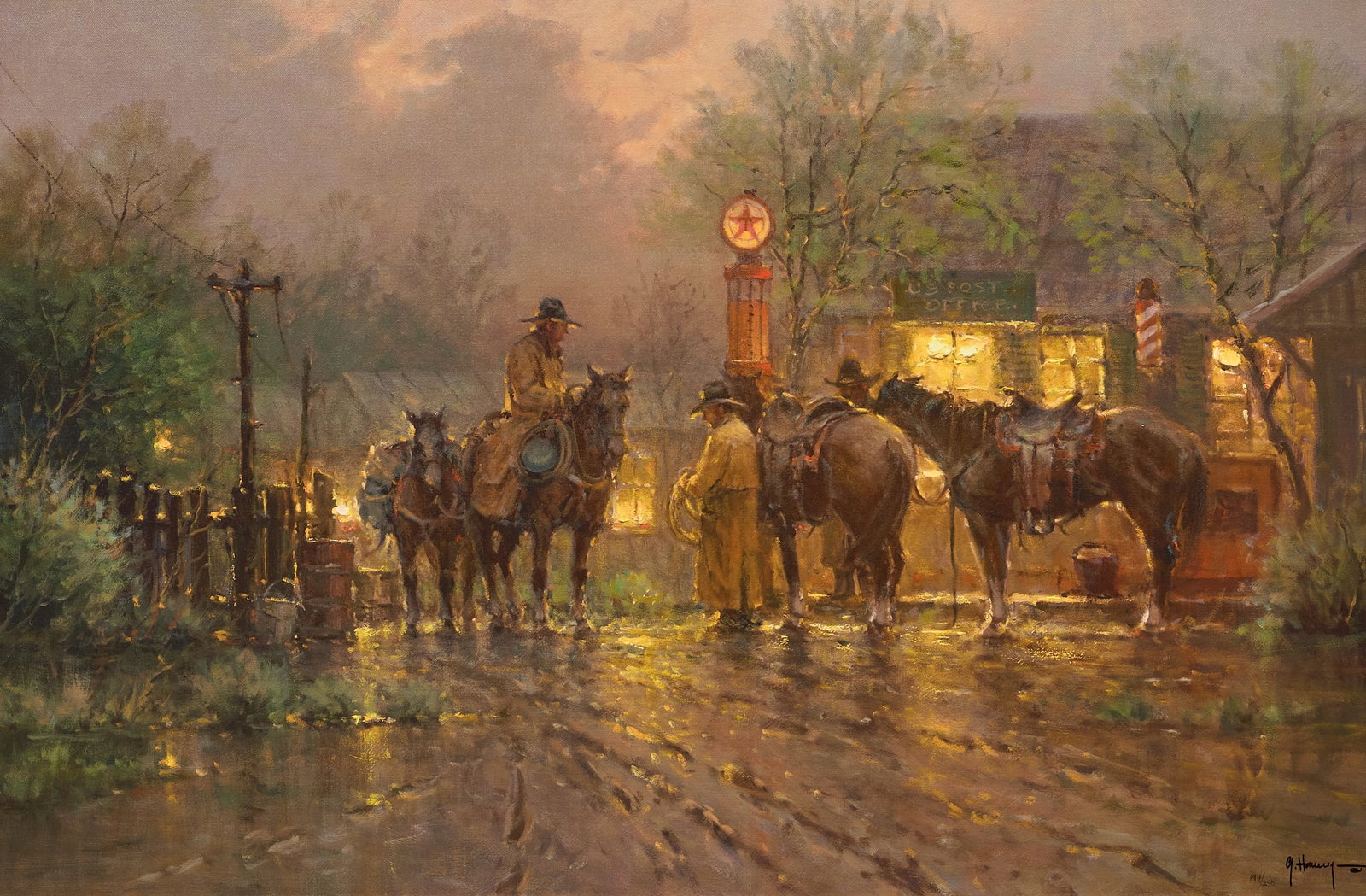 G. Harvey, "Cowboy Gathering": G. Harvey (Gerald Harvey Jones, Texas, 1933-2017), "Cowboy Gathering", limited edition giclee print on canvas, signed and numbered lower right, ed. 194/250 sight: 24 x 36&nbs