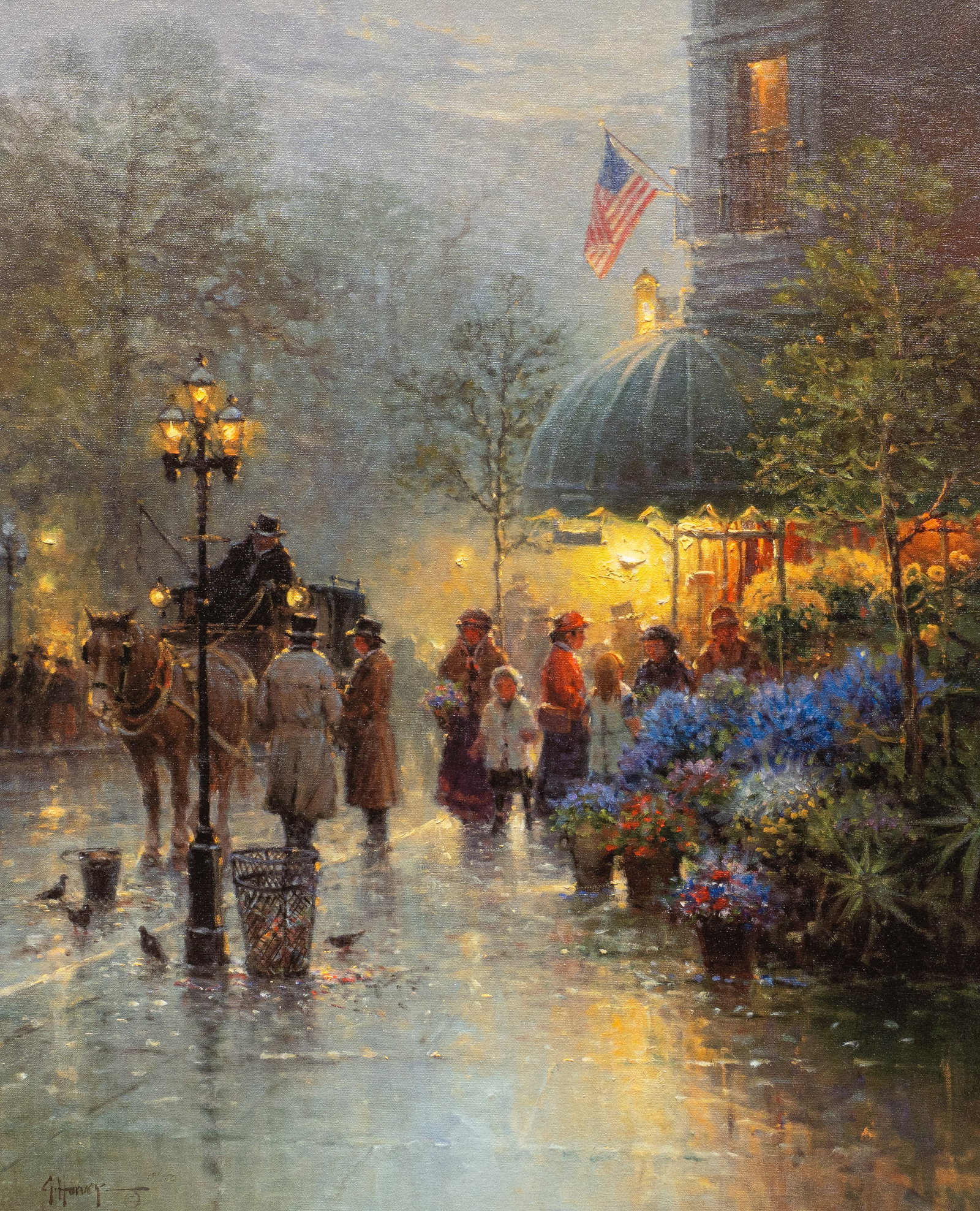 G. Harvey, "Corner Flower Shop - Boston": G. Harvey (Gerald Harvey Jones, Texas, 1933-2017), "Corner Flower Shop - Boston", limited edition giclee print on canvas, signed and numbered, ed. 18/250 sight: 26 x 22 in., frame: