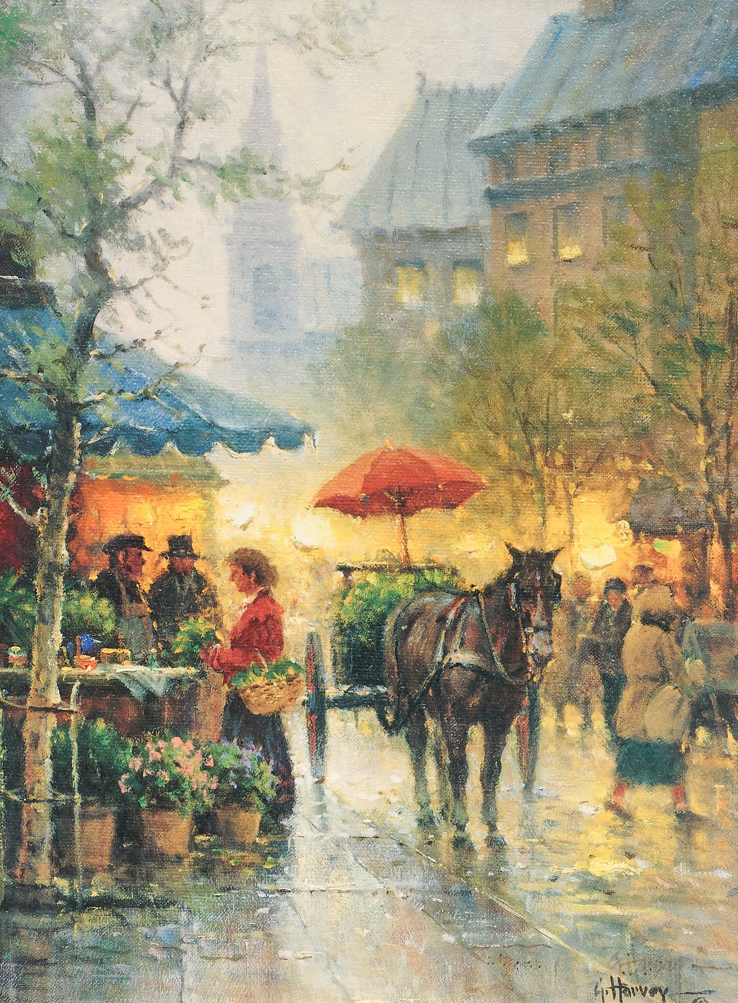 G. Harvey, "Flower Vendor, Boston": G. Harvey (Gerald Harvey Jones, Texas, 1933-2017), "Flower Vendor, Boston", limited edition giclee print on canvas, signed lower right sight: 14 x 18 in., frame: 17 x 21 in. P
