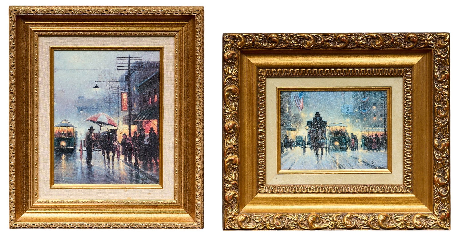 G. Harvey, (2) Giclees: G. Harvey (Gerald Harvey Jones, Texas, 1933-2017), two (2) limited edition giclee prints on canvas, to include two small city scenes, both are signed sight: 10 x 8 in., frame: 16 x 13.5 in. / greater 