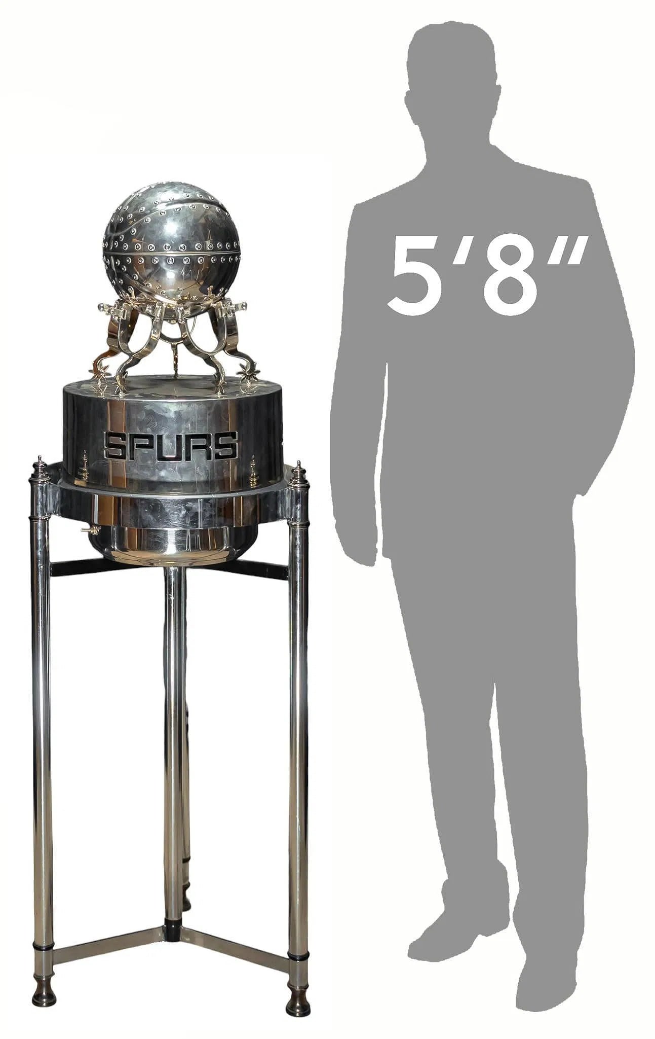 Go Spurs Go | San Antonio Spurs World Champions Sculpture: Gilbert Durán (San Antonio, Texas, 1947-2023), San Antonio Spurs World Champions steel sculpture featuring steel basketball held up by spurs with cut out lettering, rotates on pedestal