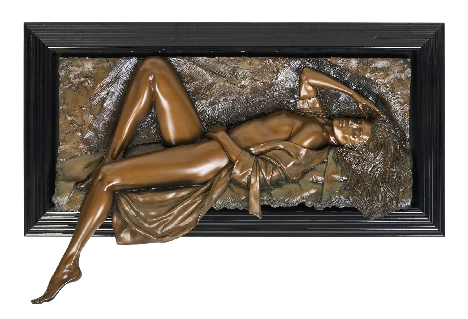 Bill Mack, "Symphony": Bill Mack (Amer., b. 1949), "Symphony", bonded bronze (bronze metal powder mixed with resin) high relief sculpture of reclining nude female figure, signed upper right sculpture size: 39 x 56