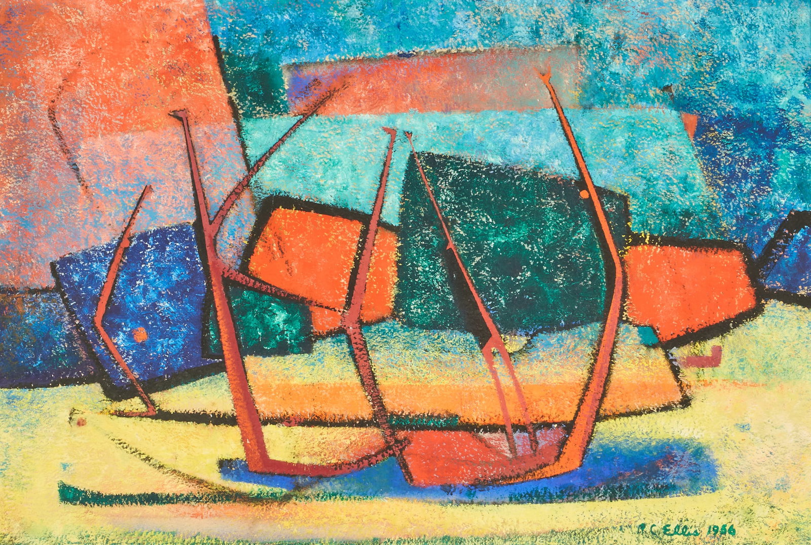 Robert C. Ellis, "The Scholar", 1956: Robert C. Ellis (Texas / New Mexico, 1923-1979), "The Scholar", casein on 300lb. watercolor paper, signed and dated lower right, with artist's original label retained on the verso