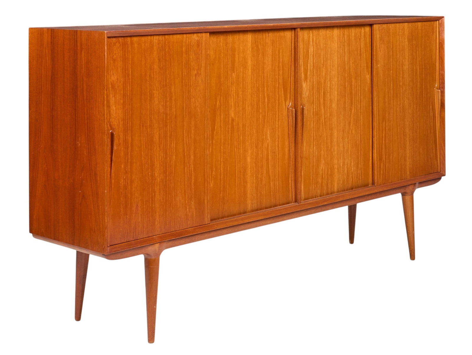 Omann Jun., Mid-Century Credenza: Omann Jun. (Denmark), Model Number 19 mid-century credenza with four sliding doors opening to flatware tray and shelf storage, supported on pin legs, marked with paper label on back height 43.5 i