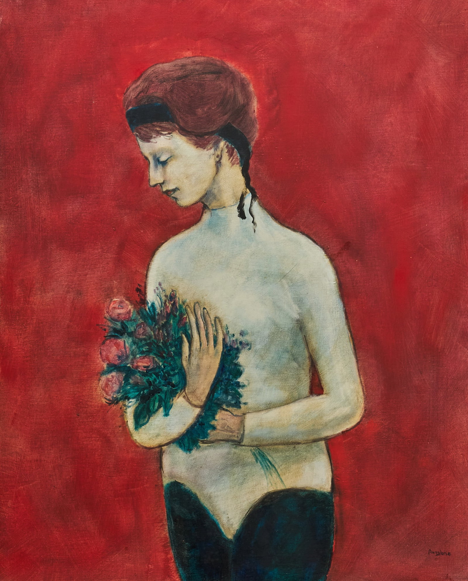 William Anzalone, Dancer with Flowers: William Anzalone (Texas, b. 1935), dancer with flowers, oil on canvas, signed lower right sight: 30 x 24 in., frame: 31.5 x 25 in. Provenance: Property from a home in Aransas Pass, Texas