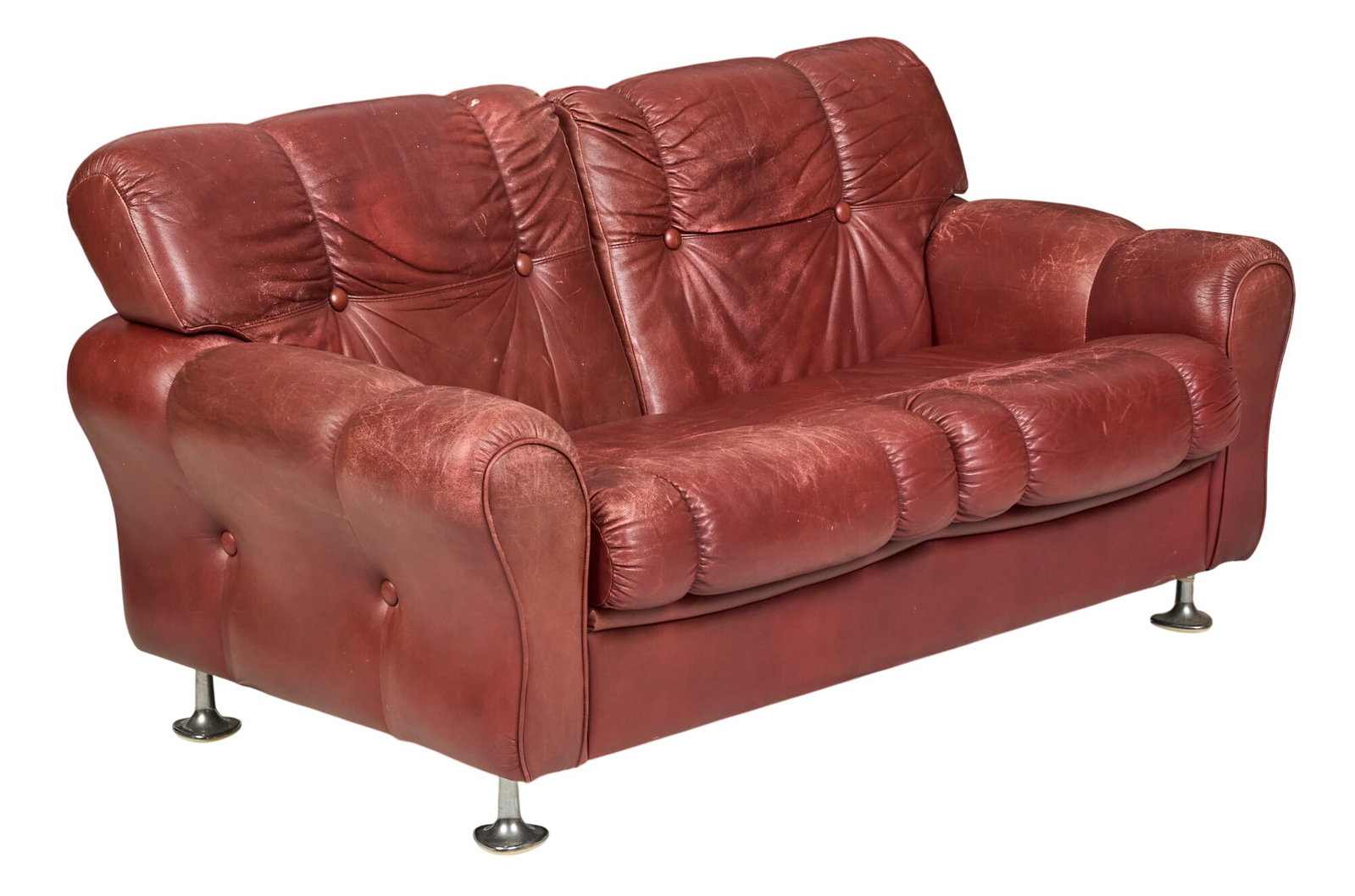 Danish Mid-Century Sofa: Danish Mid-Century two-seater loveseat, red tufted leather with button accents, on chrome legs height 29 in. x width 58 in. x depth 32 in.
