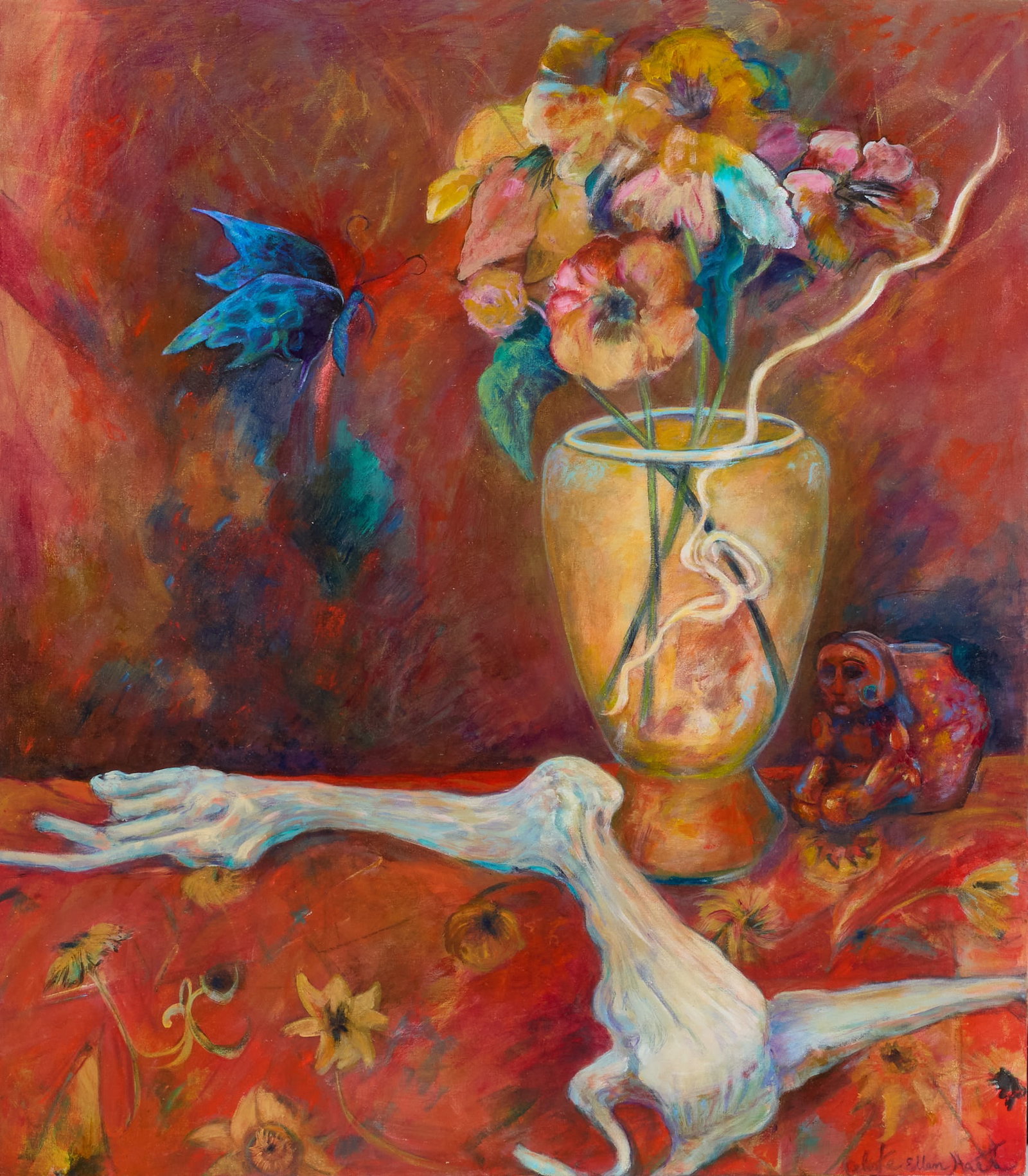 Celeste Ellen Hart, Still Life in Red: Celeste Ellen Hart (Houston, Texas, b. 20th C.), still life in red with flowers and bleached driftwood, oil on canvas, signed lower right, stretched and gallery wrapped canvas, not framed size: 32 x