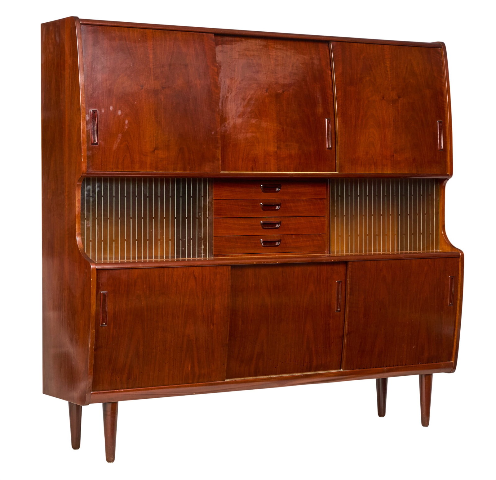 Poul M. Jessen, Mid-Century High Credenza: Poul M. Jessen for PMJ Viby (Denmark) high credenza with cabinet storage, sliding glass doors, and central stack of drawers, supported on pin legs, marked on back height 62 in. x width 66.5 in. 