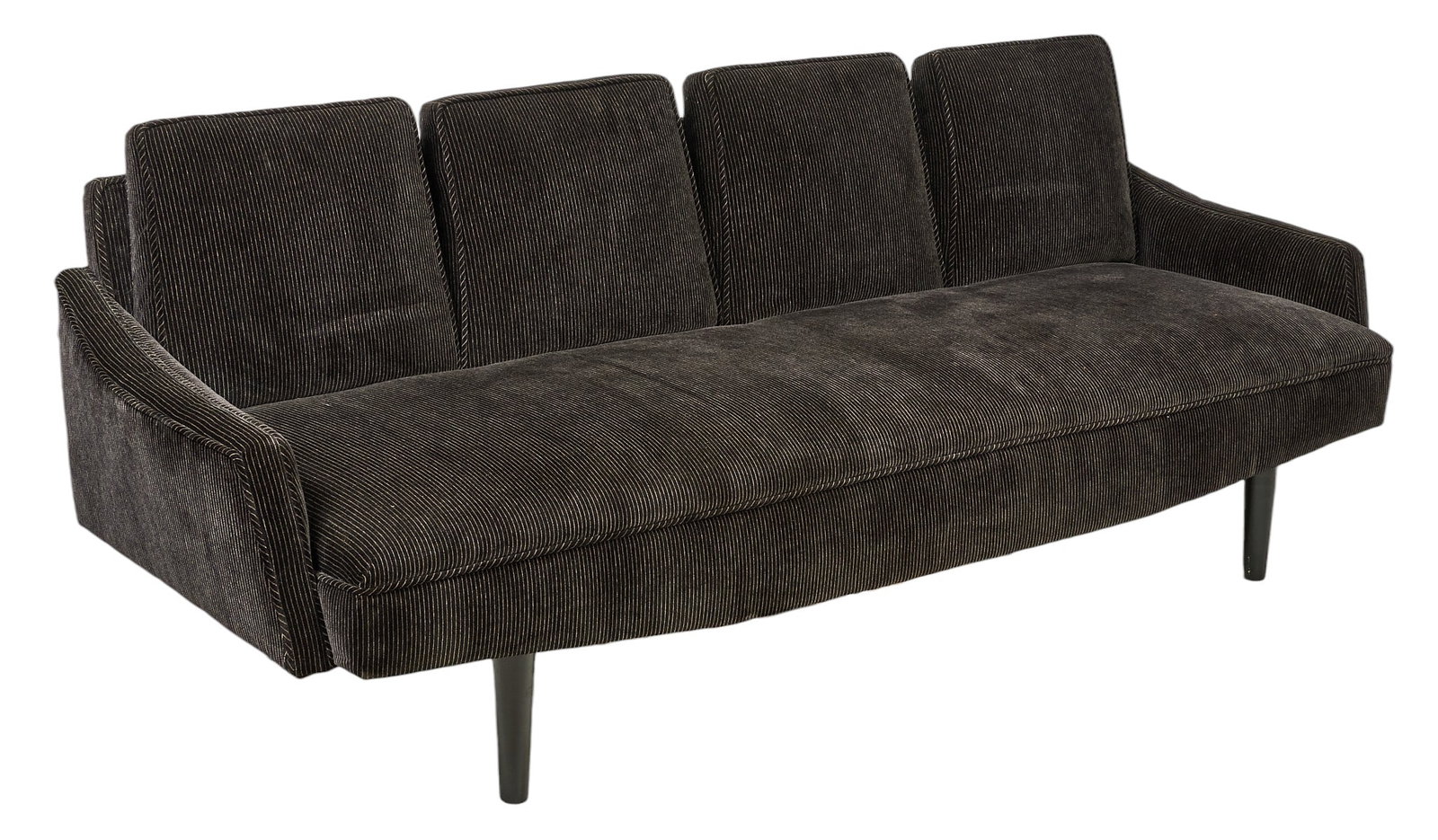 Mid-Century Modern Sofa: Mid-century modern sofa upholstered in dark brown striped fabric, on tapered pin legs height 33 in. x width 87 in. x depth 30 in. Provenance: Property from the home of a San Antonio, Texas interior