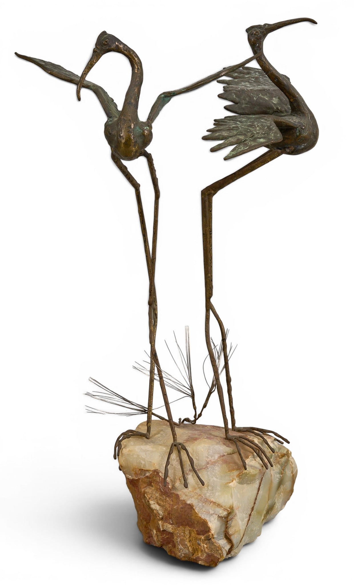 Curtis Jere, Herons Sculpture: Curtis Jere (California / China, 1910-2008), mixed metal sculpture depicting pair of herons, atop onyx stone base, signed on base height 22 in. x width 13 in. x depth 9 in. (including base)