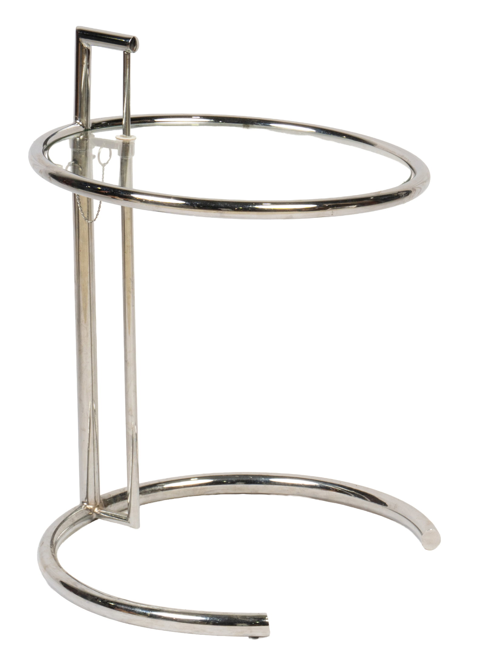 Eileen Gray E1027 Adjustable Table: Eileen Gray E1027 adjustable table with circular design, glass top, and chrome frame height 27 in. x diameter 20 in. Provenance: Property from the Estates of Lewis and Catharine Cocke