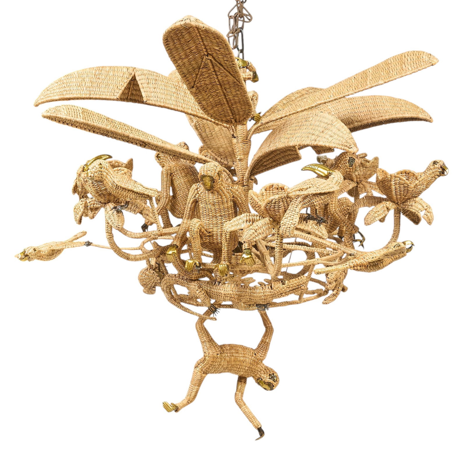 Mario Lopez Torres, Rattan Monkey Chandelier: Mario Lopez Torres (Mexico), rattan tropical monkey chandelier, marked with maker's label height 48 in. x width 54 in. x depth 54 in. Provenance: Property from a home in Blanco, Texas