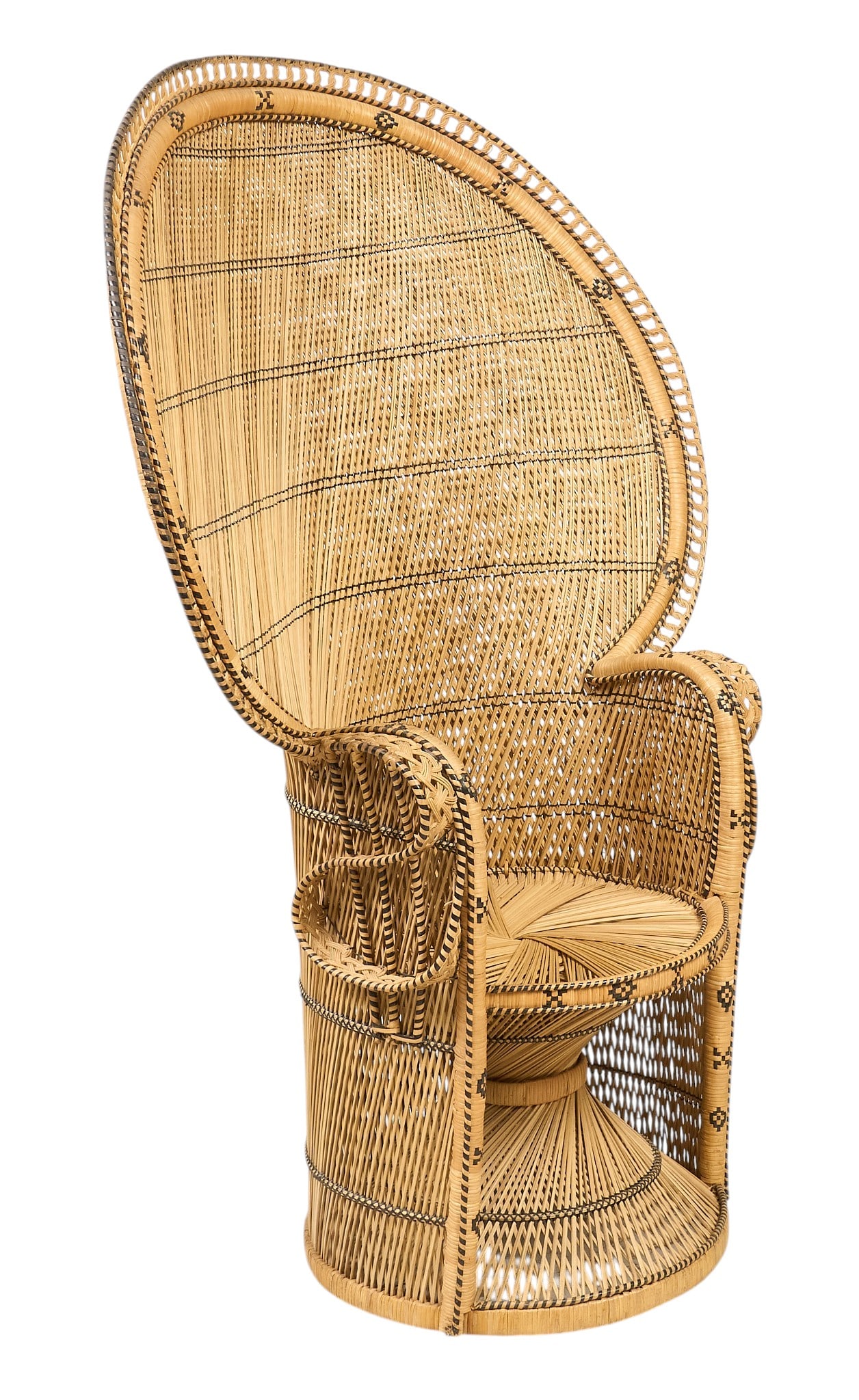 Vintage Peacock Chair: Vintage peacock rattan chair, with high fan back and decorative details, on round base height 63 in. x width 45 in. x depth 23 in. Provenance: Property from the home of a San Antonio, Texas