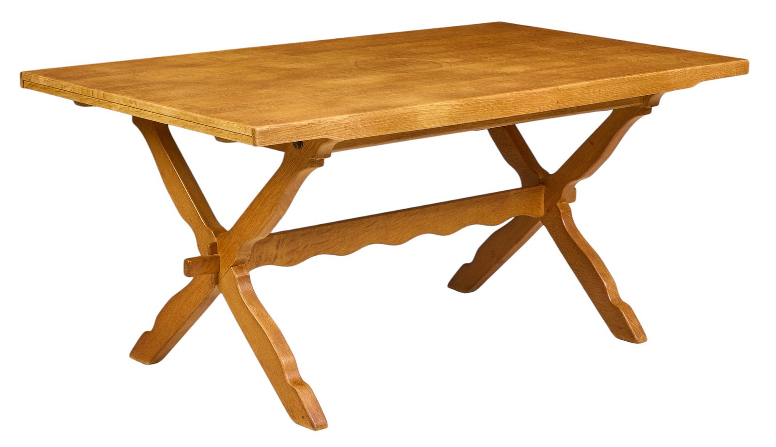 Henning Kjaernulf, Mid-Century Razor Blade Table: Henning Kjaernulf (Denmark) oak mid-century Razor Blade table with X-frame supports height 29.5 in. x width 63 in. x depth 35 in. extended / 99 in. Condition: water ring stain on top 