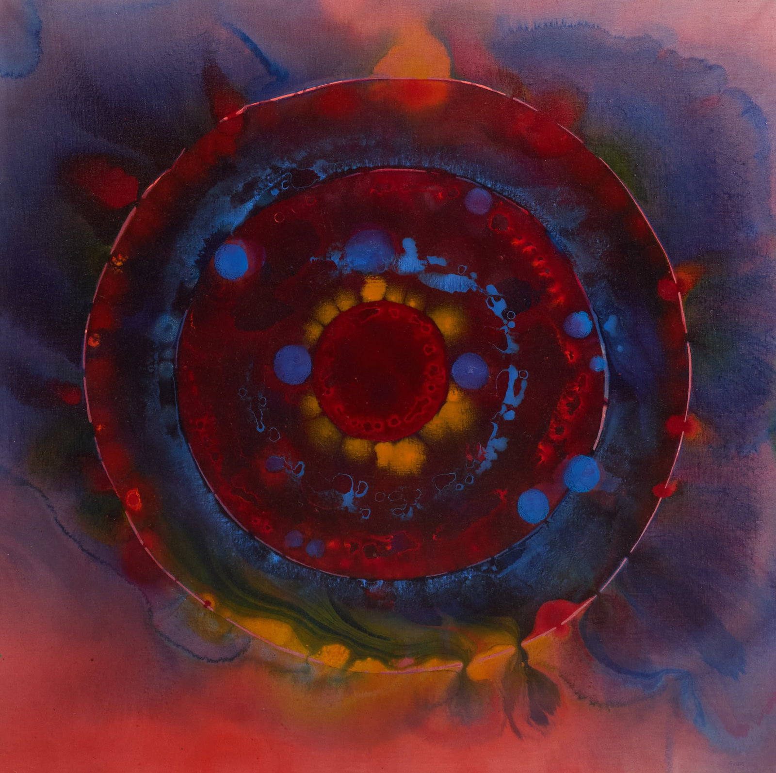 Ralph White, "Structuring Red/Blue Phenomena", 1978: Ralph Ernest White, Jr. (Texas, 1921-2004), "Structuring Red/Blue Phenomena", oil on canvas, artist's inscription on the verso with signature, title, and date, 1978 sight: 50 x 50 in.,